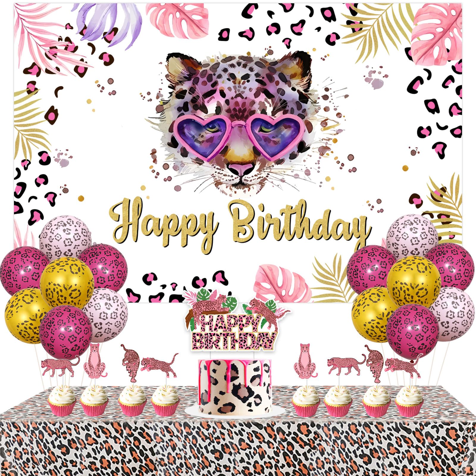 Jollyboom Decorazione di compleanno con stampa ghepardo, decorazione di buon compleanno sfondo rosa leopardo torta topper topper tovaglia palloncino per ragazze donne giungla safari selvaggio una