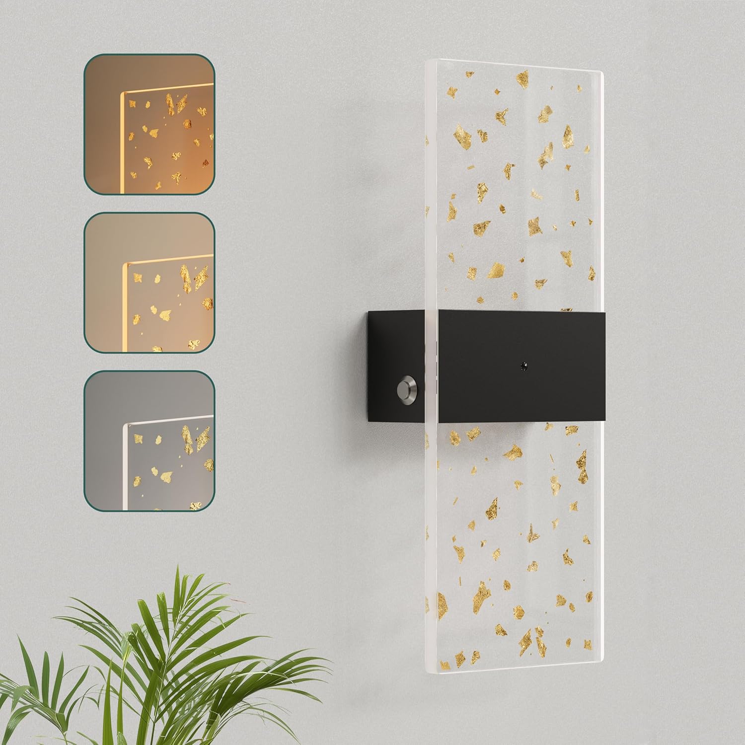 Battery Operated Wall Sconce | Gold Leaf, Black Base - Wireless Rechargeable, 5000mAh, Remote Control, 3CCT Stepless Dimming, Timer, Modern Sconce for Living Room Stairway Bedroom 1 Pack