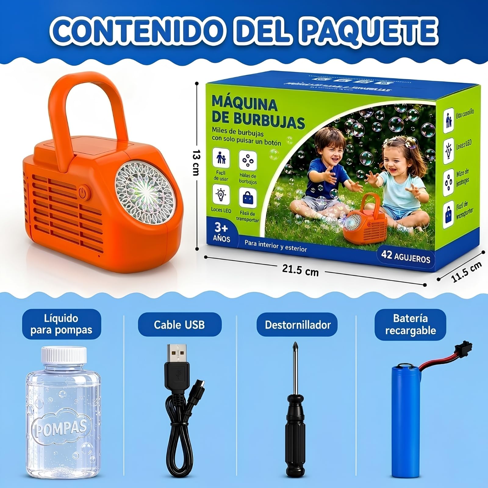 Máquina de Burbujas de Escenario Portátil de 42 Orificios, Soplador Automático Recargable por USB con Luces LED, para Niños, Cumpleaños, Fiestas, Jardín, Exterior y Celebraciones (Naranja)