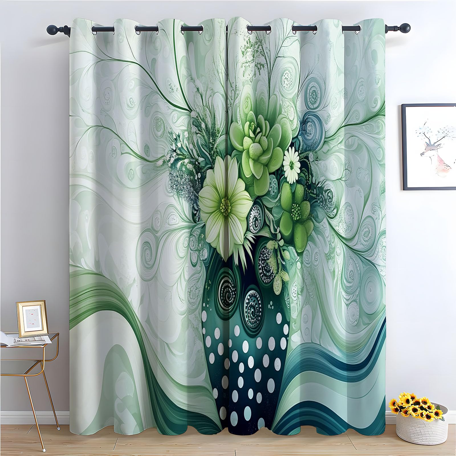 WIKEO Floral Curtains Vintage Abstract Floral Forest Printed Room Darkening Curtain for Bedroom, Privacy Eyelet Thermal Insulated Green Curtain for Girls Room-52 W x 96" L (Pack of 2)
