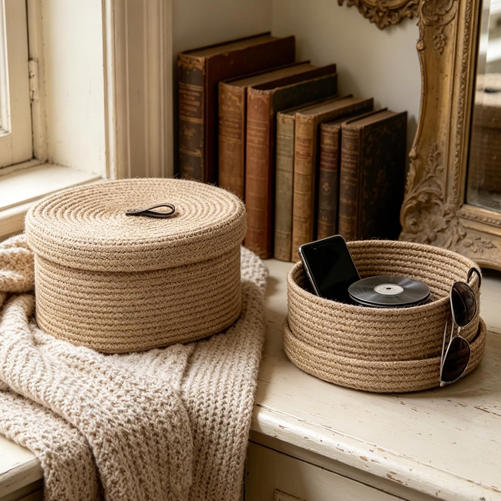 2 Pezzi Cestino Portaoggetti con Coperchio, Cestini in Corda di Cotone con Coperchio, Cesto Intrecciato Lavabile, Cestino Multifunzionale per Soggiorno, Bagno, Ufficio, Decorativo