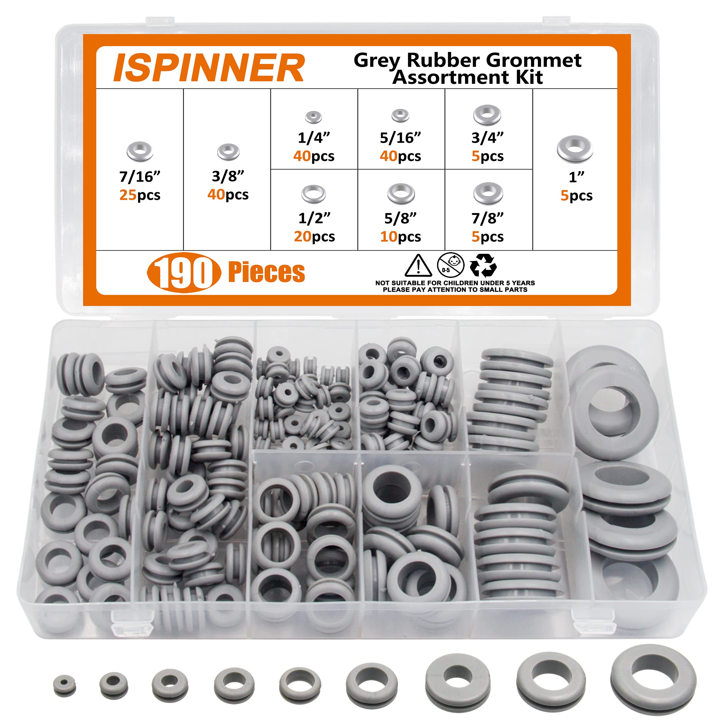 ISPINNER Juego de 190 arandelas de goma, 9 tamaños, 1/4, 5/16, 3/8, 7/16, 1/2, 5/8, 3/8, 2,5 cm, color gris