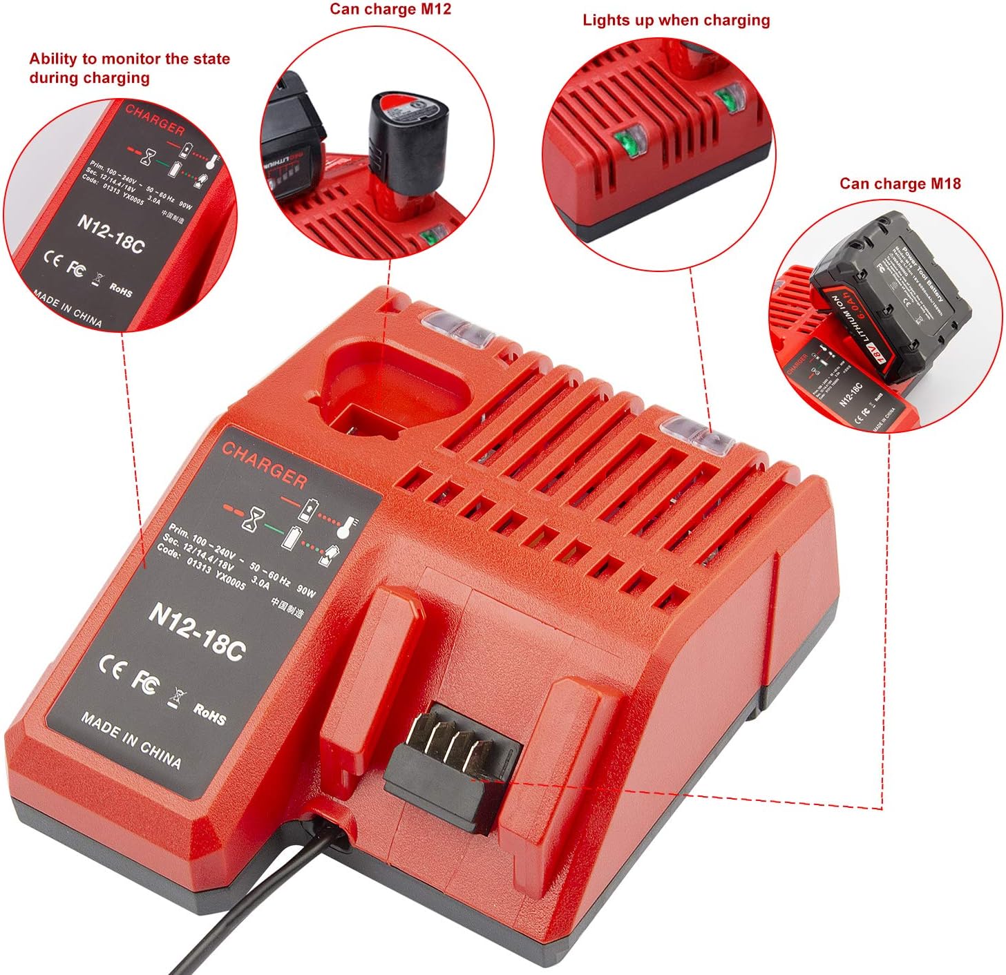 Replacement Charger for MK12 & for MK18 Multi-Volatge Rapid Charger for 48-59-1812 MK 12 Volt and 18 Volt XC Lithium-Ion Battery 48-11-2420 48-11-1815 48-11-1840 48-11-1841 48-11-1850 - Image 6
