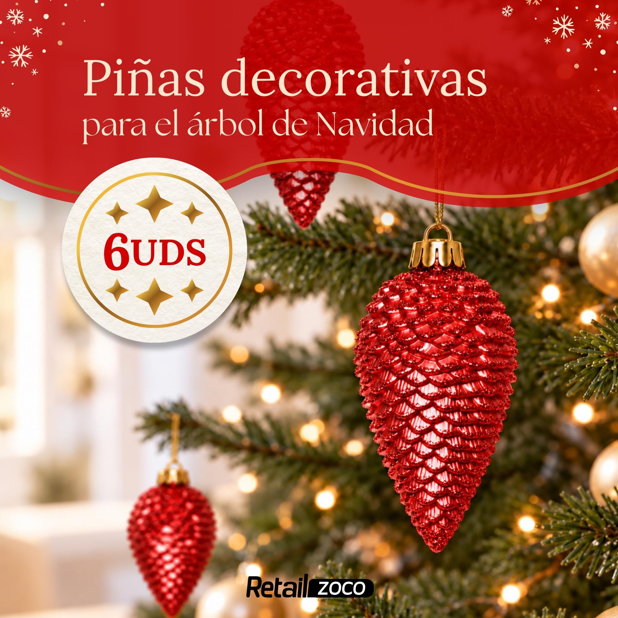 Piñas de Navidad, Adornos Arbol Navidad, 6 Piezas, Rojo - imagen 2