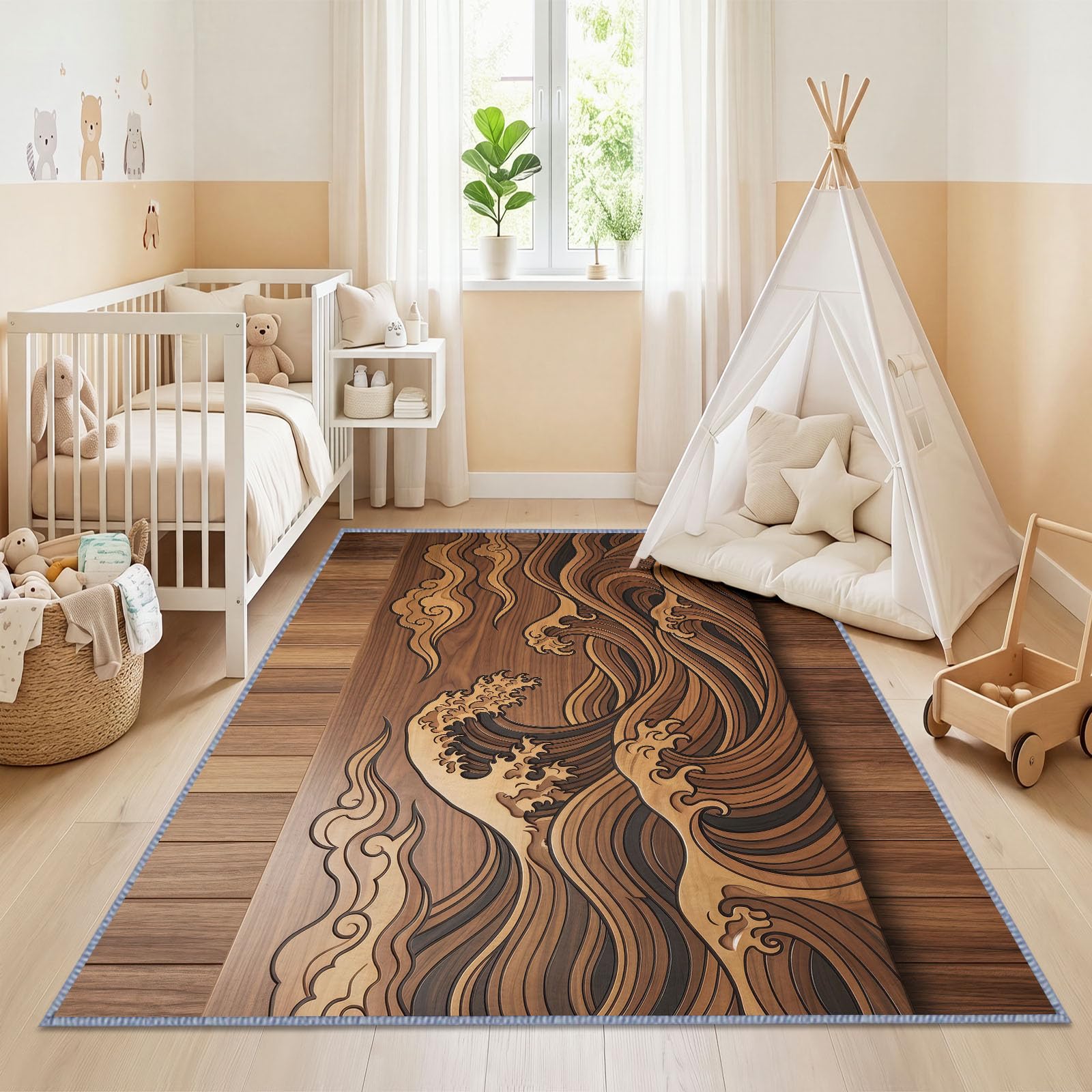 Générique Tapis Salon Paysage Océan Vagues Imitation Bois 160 x 230 cm, Lavable en Machine Tapis de Sol Oriental Doux Antidérapant pour Entree Interieur, Chambre, Salle à Manger