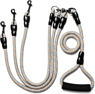 3 in 1 Dog Leash for 1-3 Dogs, Multiple Dog Leash with 360° Swivel No Tangle, Detachable 3 Way Coupler Heavy Duty Nylon Rope with Padded Handle for Medium Large Dogs, Gray