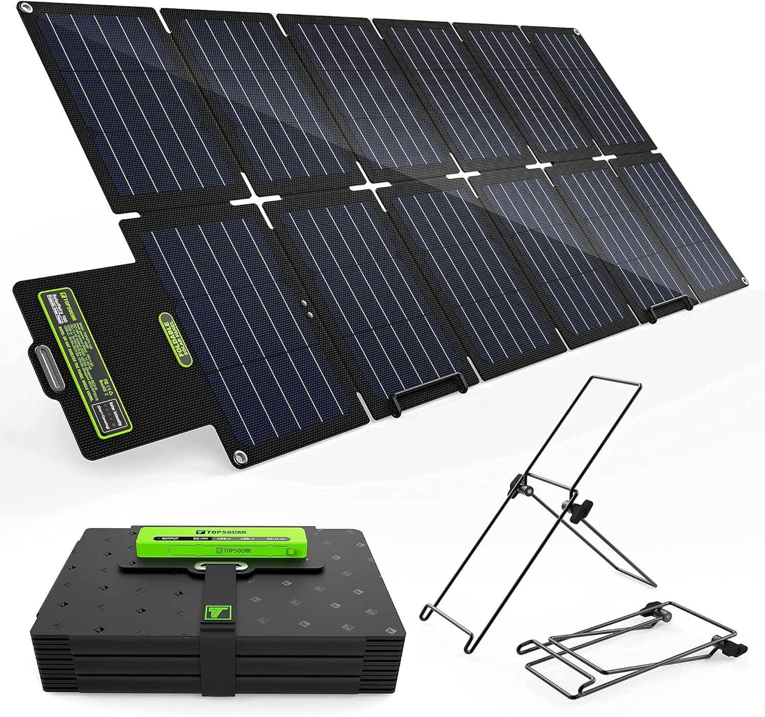 Topsolar SolarFairy 100W solar panel set up with kickstands, angled towards the sun.