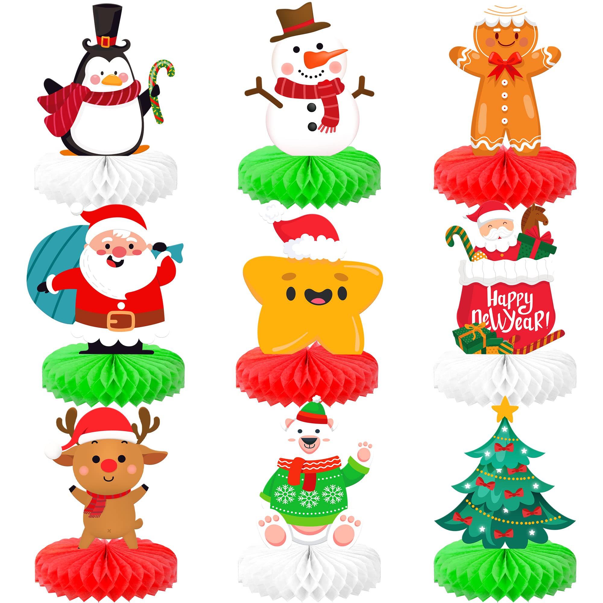 Mixed Christmas Honeycomb Centerpieces for Tables - Pack of 9 | Santa Honeycomb Centerpieces for Christmas Decorations | Snowman Honeycomb, Christmas Table Centerpieces for Christmas Party Decorations