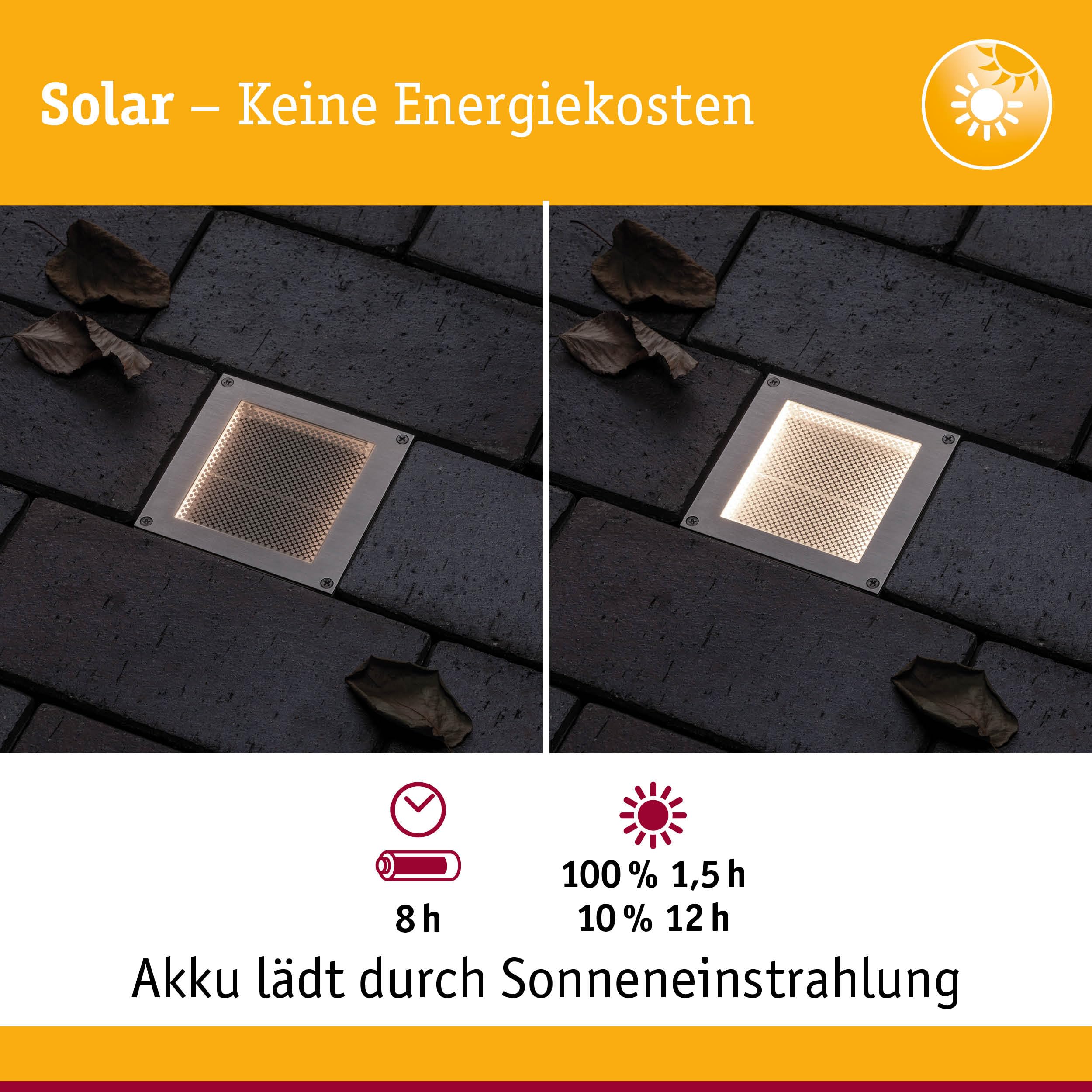 Paulmann 94238 Aron Spot solaire encastrable au sol LED carré avec 1 ampoule 0,7 W en acier inoxydable et plastique Blanc chaud 3000 K
