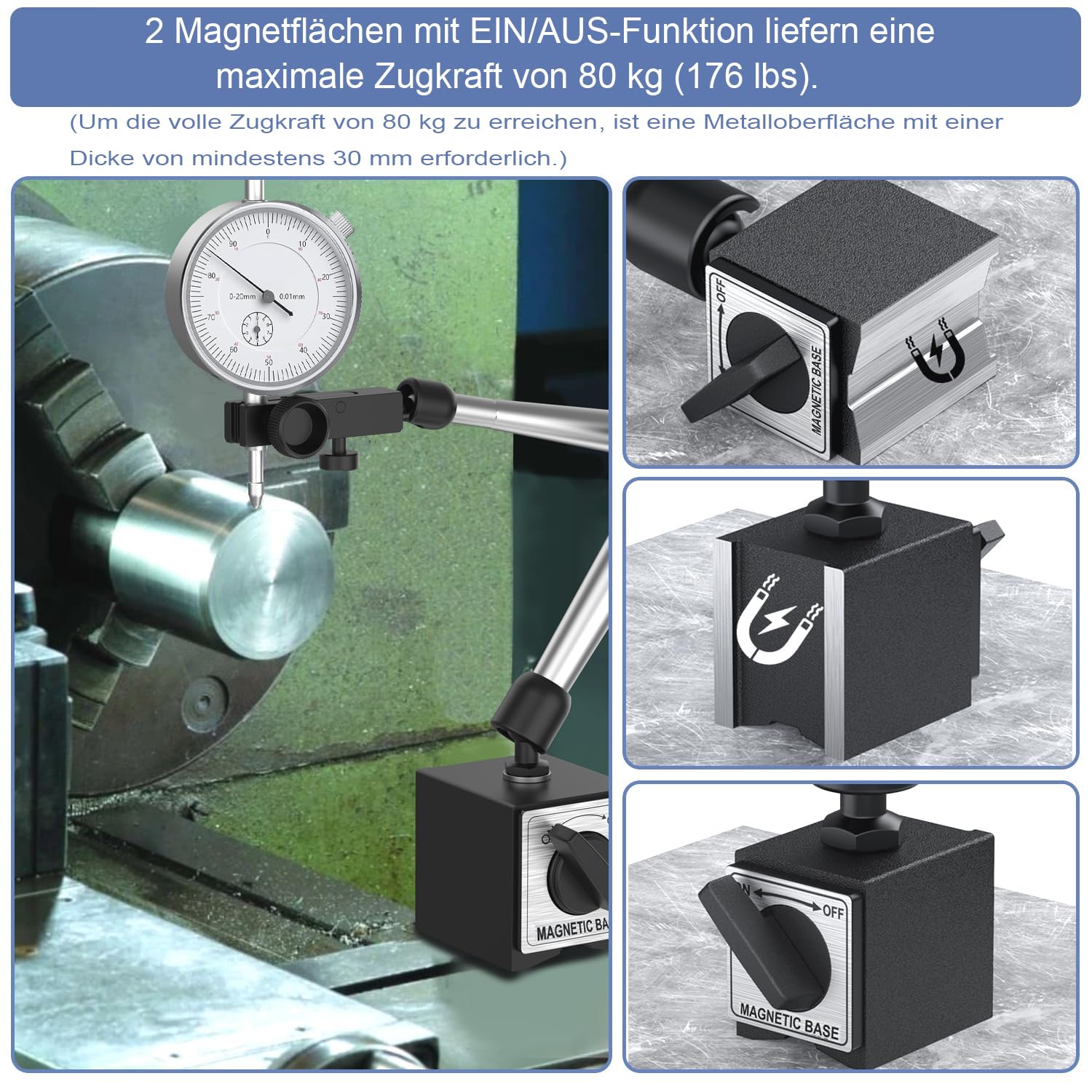 Messuhr mit Zentralklemmung, 0-20mm Messtaster, 0,01 mm Messgenauigkeit, 176lbs/80 kg mit Magnetfuß, für Messuhr mit konventionellem Zifferblatt
