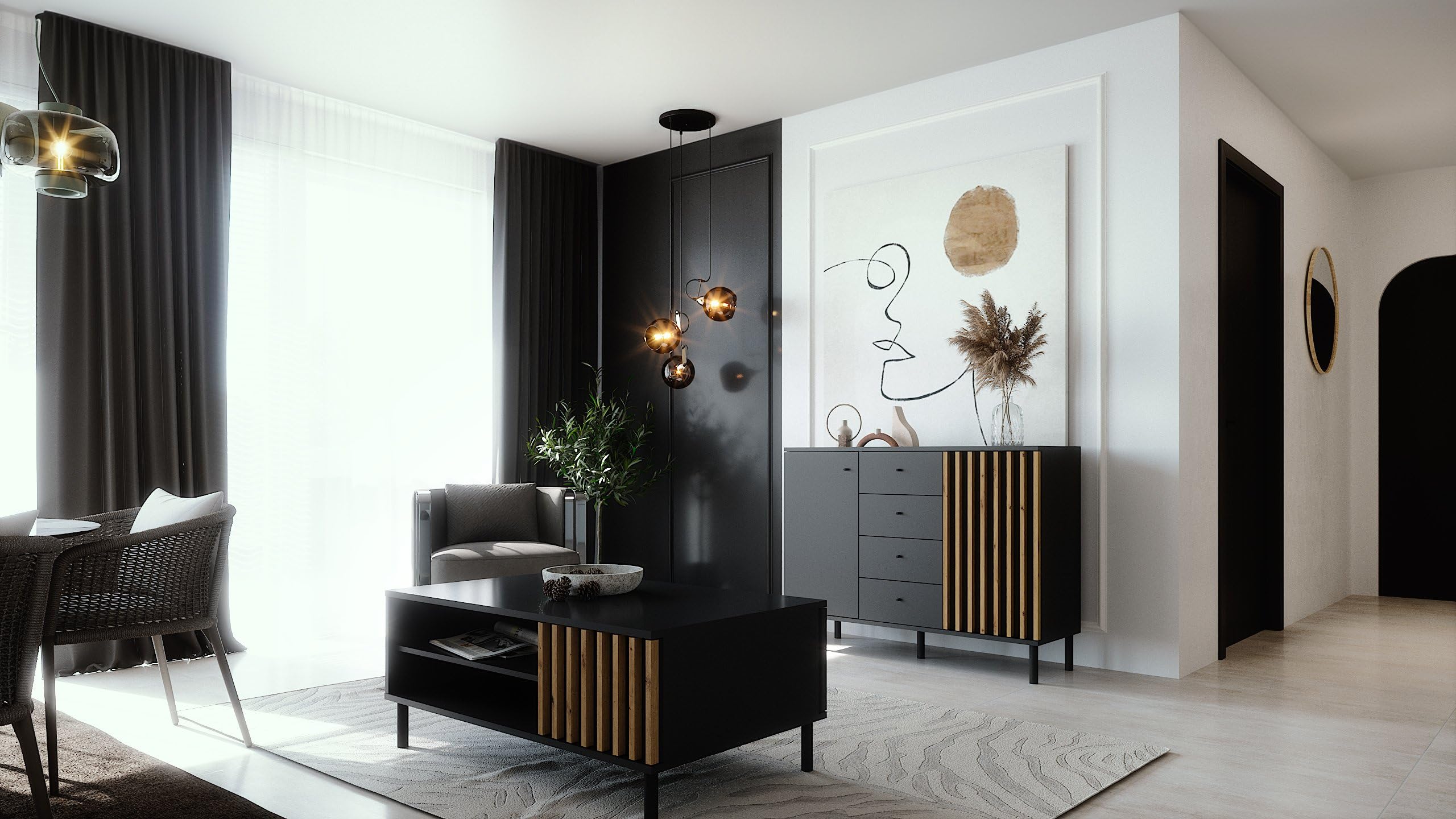 Newroom Kommode mit Schubladen Schwarz Wildeiche Sideboard Flur | Lamellenfront Vintage, 2 Türen und 4 Fächer, Anrichte Highboard modern, Metallbeine, Wohnzimmer Schlafzimmer