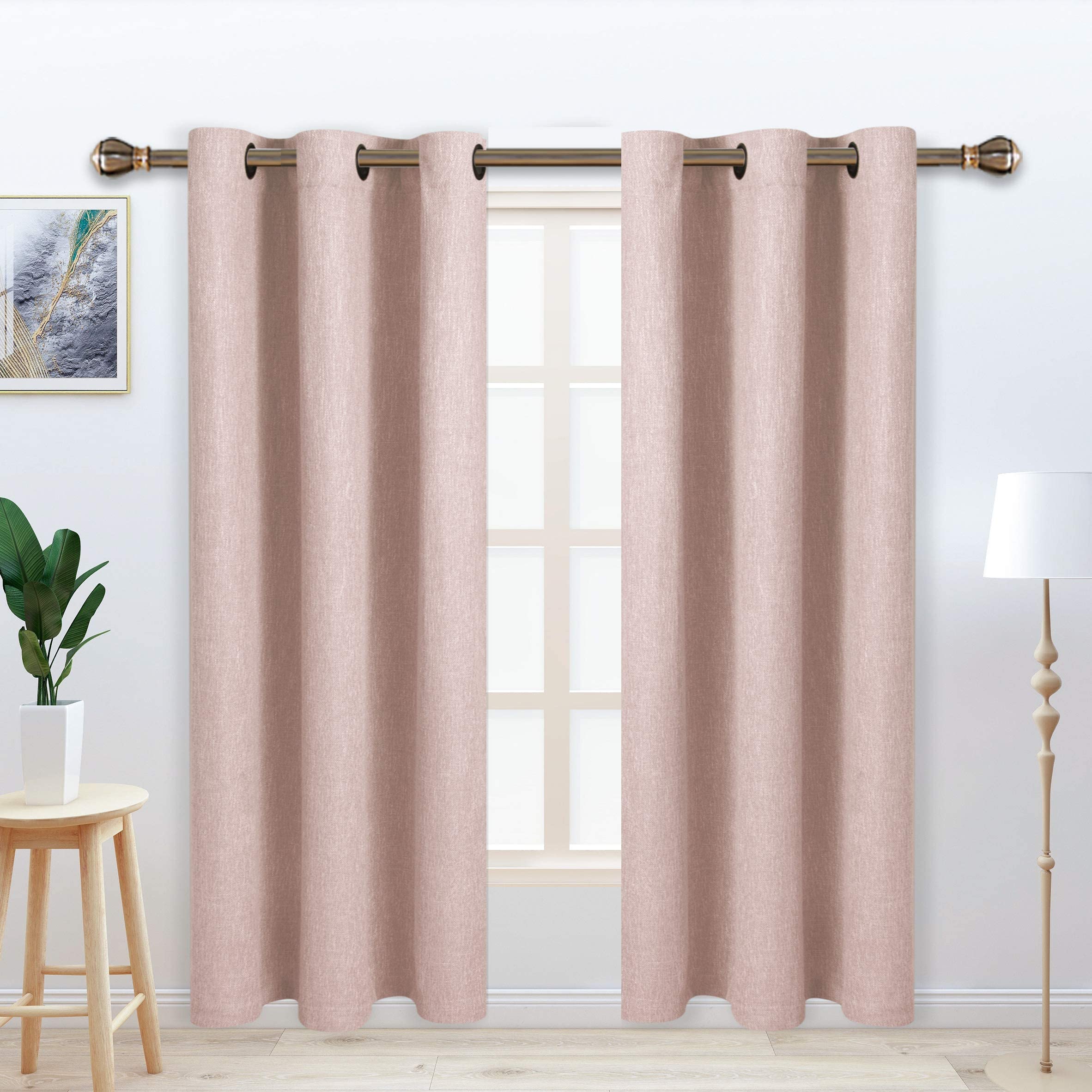 LORDTEX Linen Look Textured Blackout Curtains with Thermal Insulated Liner - Heavy Thick Grommet Window Drapes for Bedroom, 40 x 63 Inches, Blush, Set