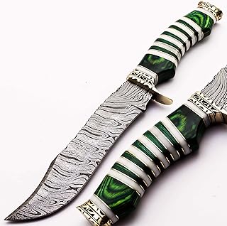 Handmade Damascus Steel Hunting Knife - Original Camel Bone Handle with Combination of Green Pakka Wood and Brass Spacer - Handmade Damascus Steel Knives - Skokie Knives