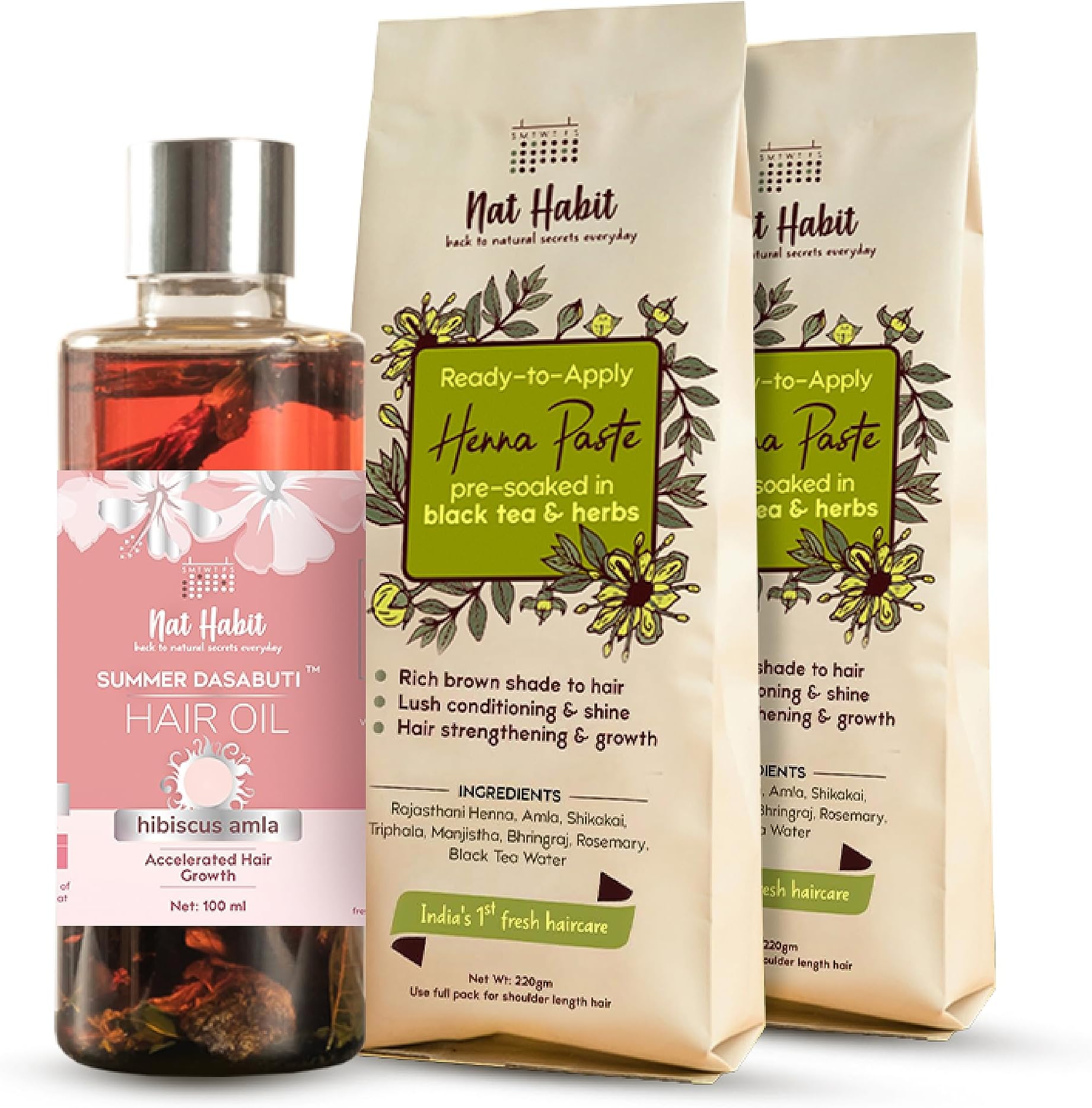 Nat Habit Fresh Ready-To-Apply Henna Paste & Hibiscus Amla Dasabuti Hair Oil for Growth & Conditioning With Rich Dark Brown Color (2 x 220g and 100ml) Combo Pack of 3
