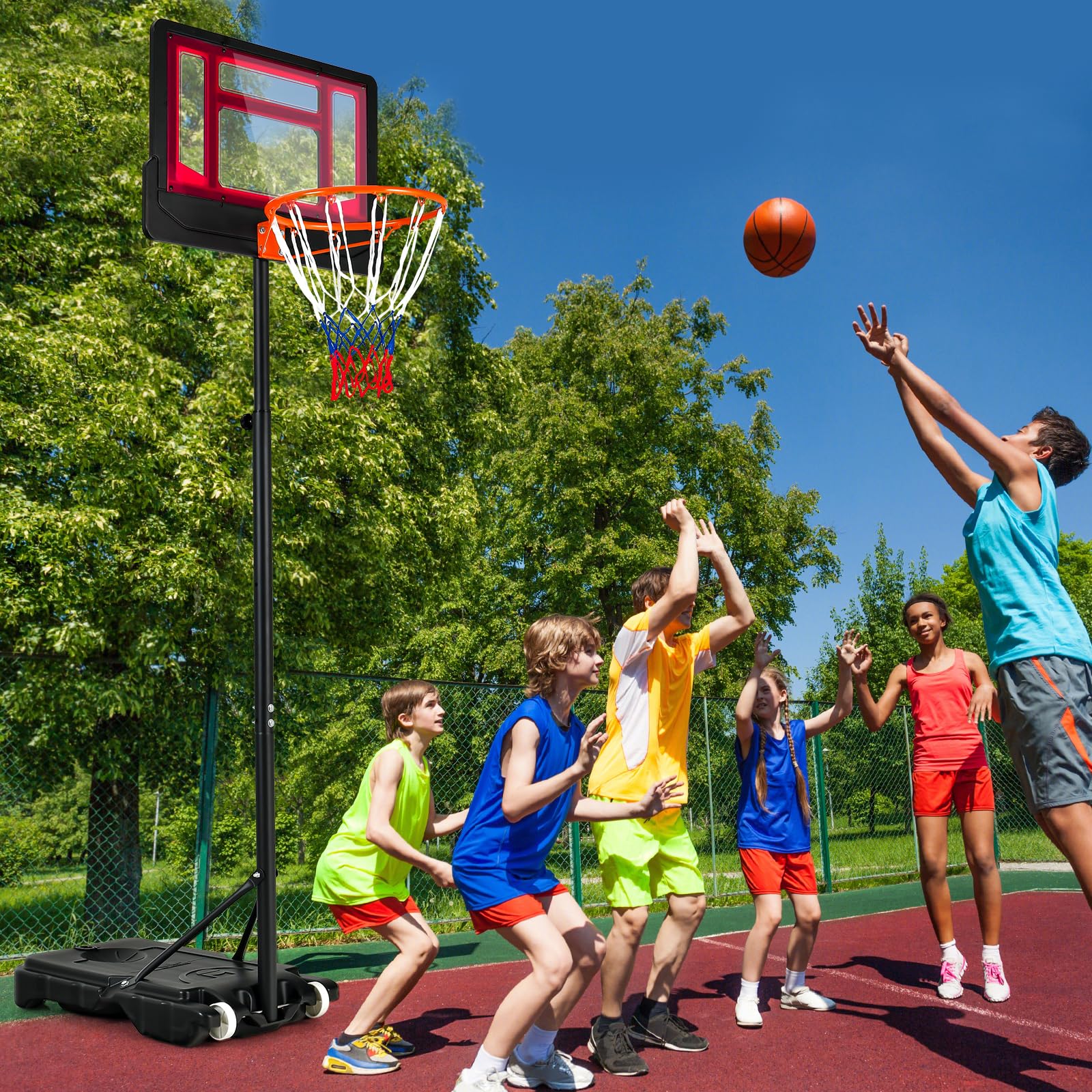 KOMFOTTEU Canestro Basket per Esterno da Pavimento, Canestro da Basket ad Altezza Regolabile 154-210 cm, Supporto da Basket con Base, Portatile con Ruote, Pallacanestro per Interno