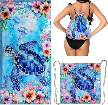 Sea Turtle Beach Towel Bag - Summer Multi-Functional Microfiber Beach Blanket Flower Printed Drawstring Bag for Travel