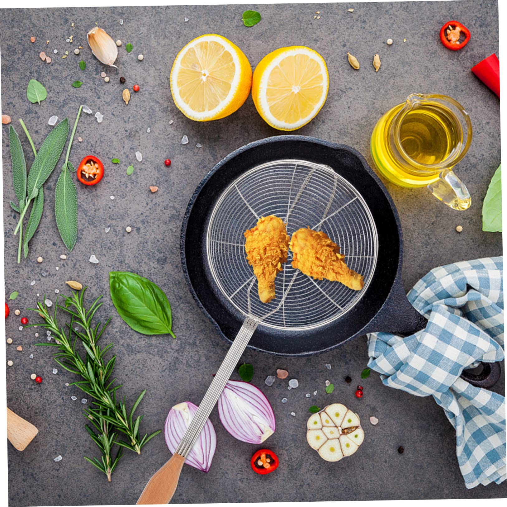 KICHOUSE 1Pc Stainless Steel Kitchen Skimmer Spoon with Long Handle Fine Mesh Strainer for Cooking and Frying Resistant Easy to Clean Kitchen Tool for Home Chefs