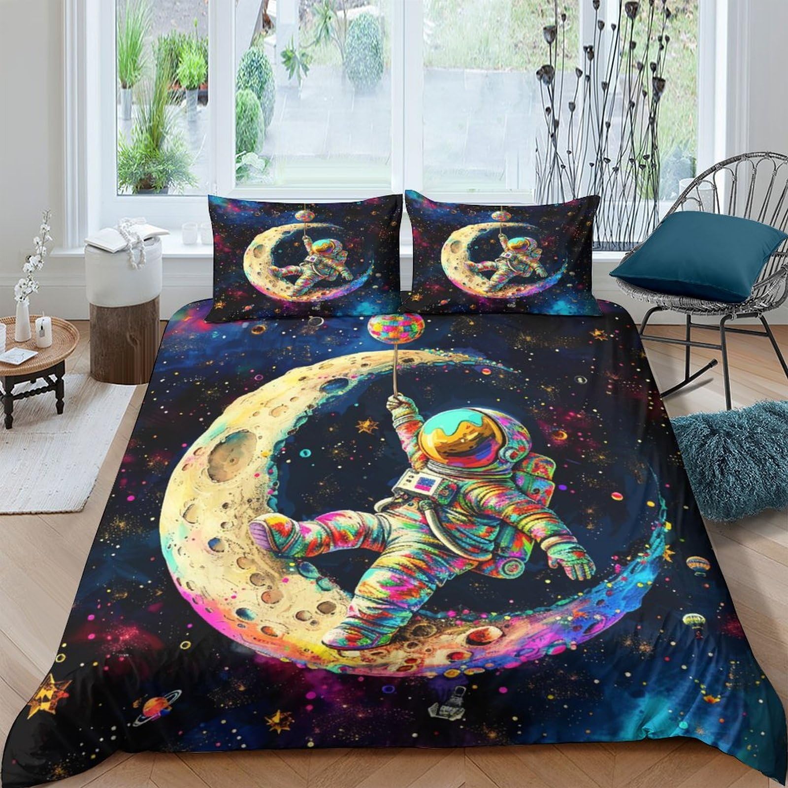 GPLZQXKJNH 3D Printed Astronaut Moon Duvet Cover Set Microfiber Soft Breathable Cosmic Star Bedding with 2 Pillowcases for Bedroom Home Decor Single（135x200cm）