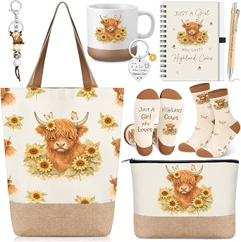 Hushee Highland Cow Gifts for Women Highland Cow Lovers Stuff Coffee Mug Jute Makeup Bag Tote Bag Sock Notebook Ballpoint Pen Keychain Animal Lover Birthday Gift