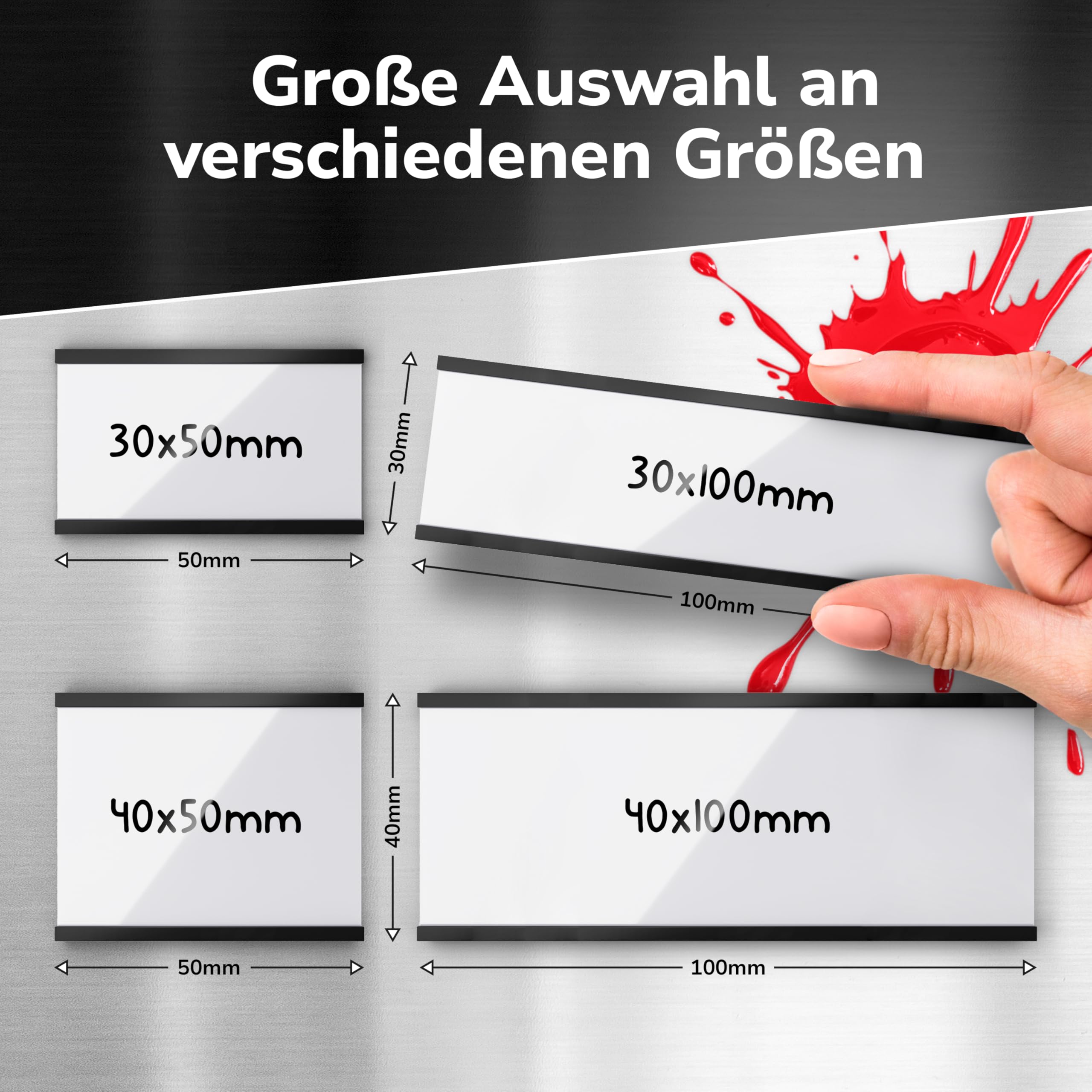 Magnetschilder zum Beschriften 40 x 100mm - 50 Stück - Magnetische Etikettenhalter C-Profil für Regale, mit Schutzfolie & Einlage hält auf allen metallischen Flächen – für Lager, Büro & Einzelhandel