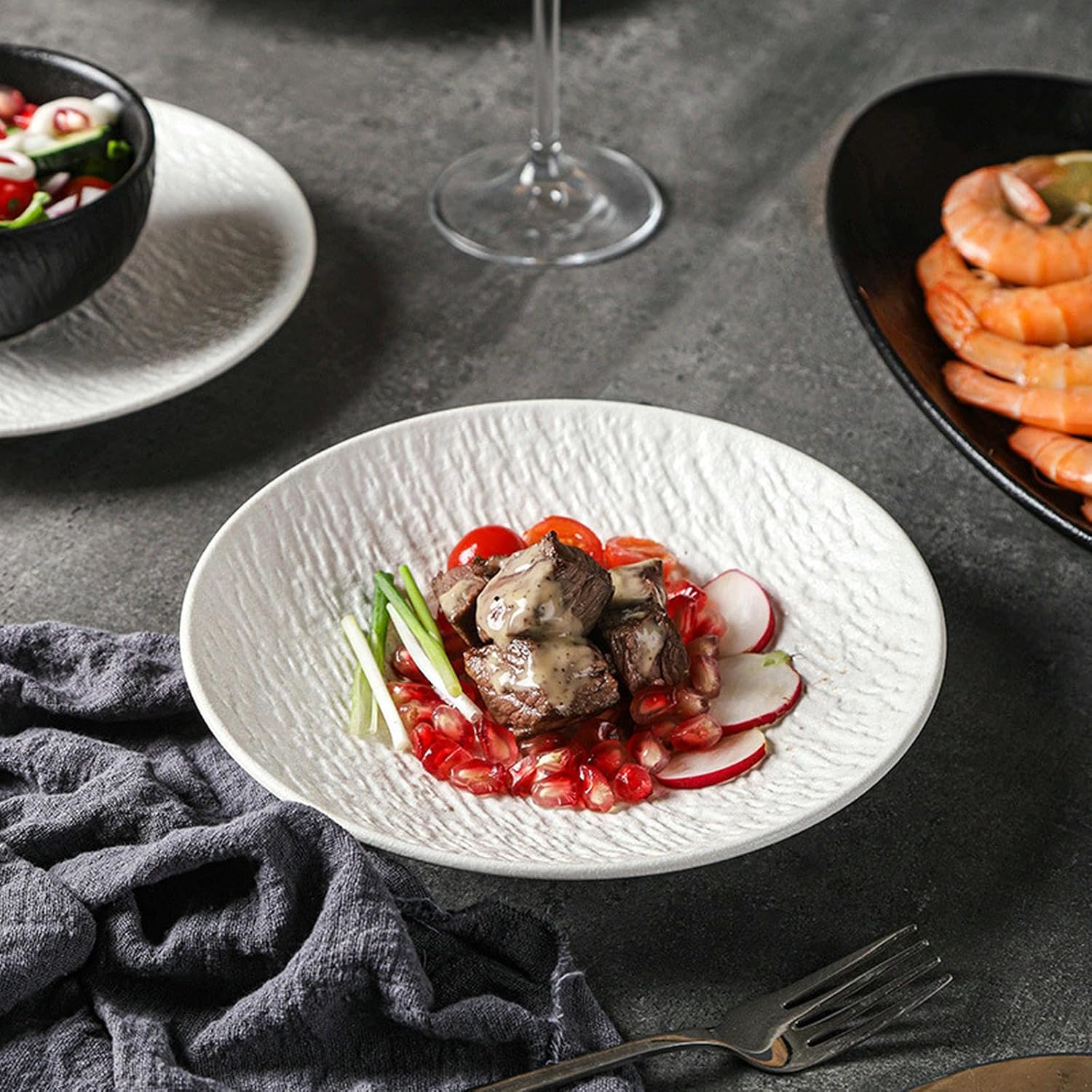 Retro Rock Pattern Ceramic Western-Style Dish Frosted Exquisite Black and White Tableware-Spoon-Black(14-in Fish Plate-White)