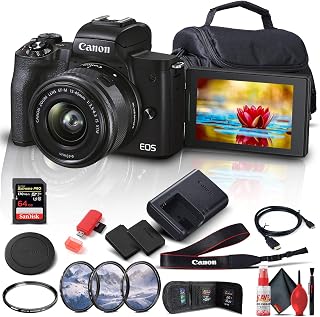 Canon EOS M50 Mark II Camera with 15-45mm Lens (4728C006) Bundle | For Photography & Video | Digital Camera + 64GB Extreme Pro Memory Card + HDMI Cable + Filter Kit + Card Reader + Case + More