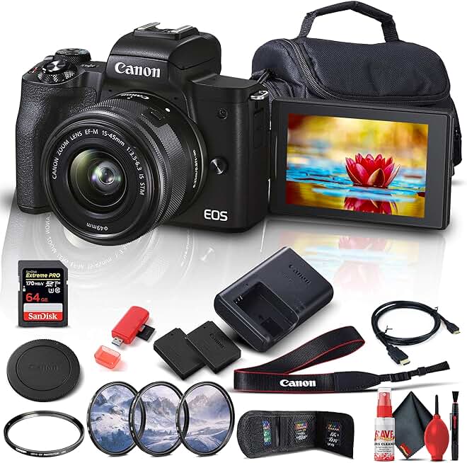 Canon EOS M50 Mark II Mirrorless Digital Camera with 15-45mm Lens (4728C006) + 64GB Extreme Pro Card + Extra LPE12 Battery + Case + UV Filter + Card Reader + Filter Kit + HDMI Cable + More