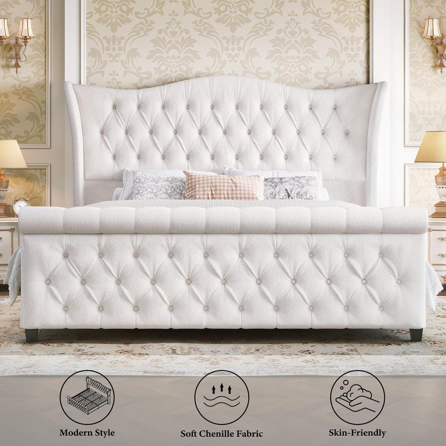 Queen Size Bed Frame Chenille Upholstered Platform Sleigh Bed with 51" Scroll Wingback Tall Headboard & Footboard/Deep Button Tufted/Easily Assemble/Wood Slats Support/No Box Spring Required/Cream