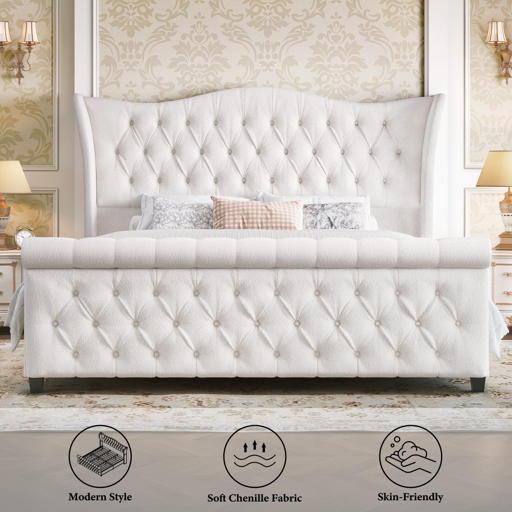 koorlian Queen Size Bed Frame-Chenille Upholstered Platform Sleigh Bed-51 Scroll Wingback Tall Headboard & Footboard/Deep Button Tufted/Easily Assemble/Wood Slats Support/No Box Spring Required/Cream: Cream Chenille King