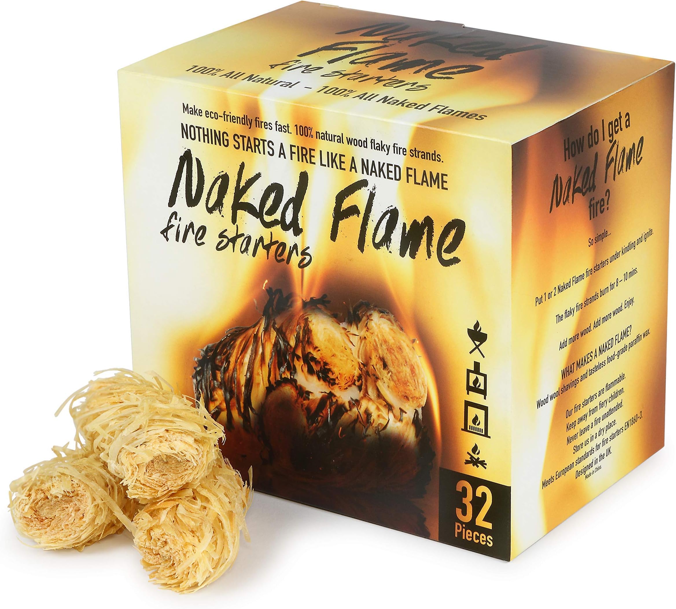 Naked Flame Fire Starters Natural Fast Lighting Charcoal Starters, 32 Pieces, BBQ Charcoal Grill, Chimney Starter, Charcoal Fire Starter, Kamado Joe, Big Greeen Egg, Fire Starters for Campfires