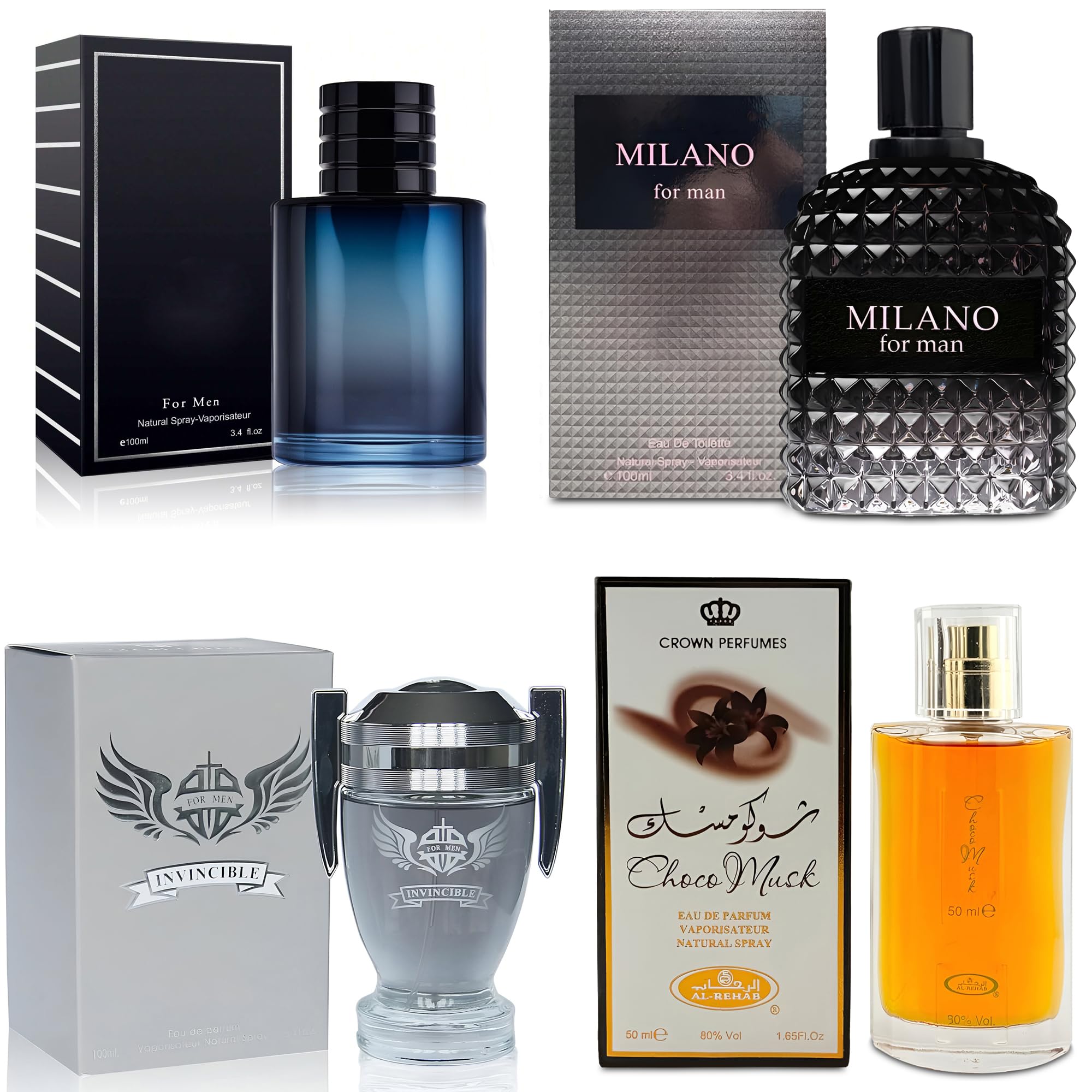 AFLUXE 4-Piece Cologne for Men eau de parfum Men Gift Set | Choco Musk/SE/Invincible/Milano Scent of Woody, Spicy, Citrus & Aromatic for Daily Use Set R