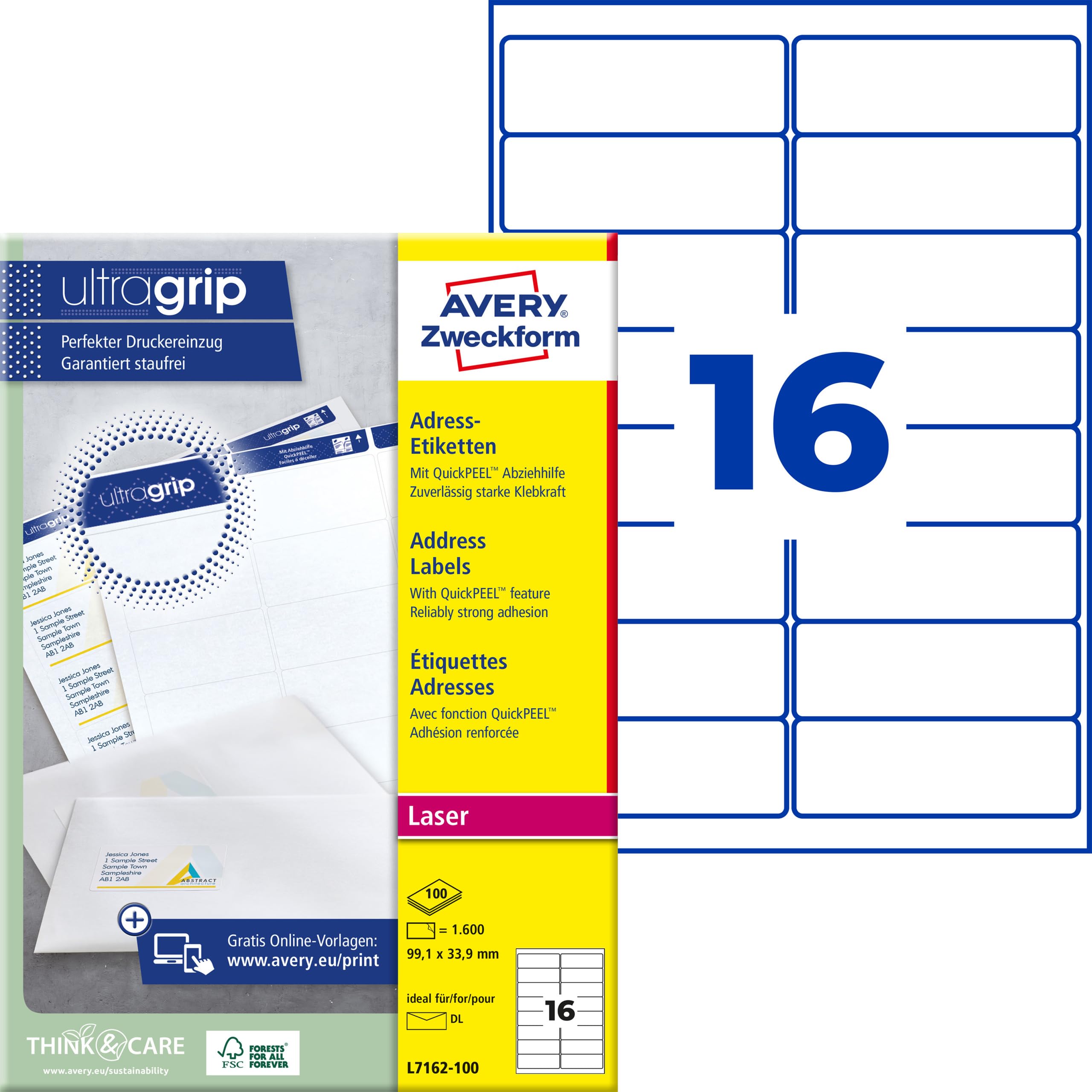 AVERY Zweckform L7162-100 Adressetiketten/Adressaufkleber (1.600 Etiketten mit ultragrip, 99,1x33,9mm auf A4, bedruckbar, selbstklebend, für DIN lang Briefkuverts, Papier matt) 100 Blatt, weiß