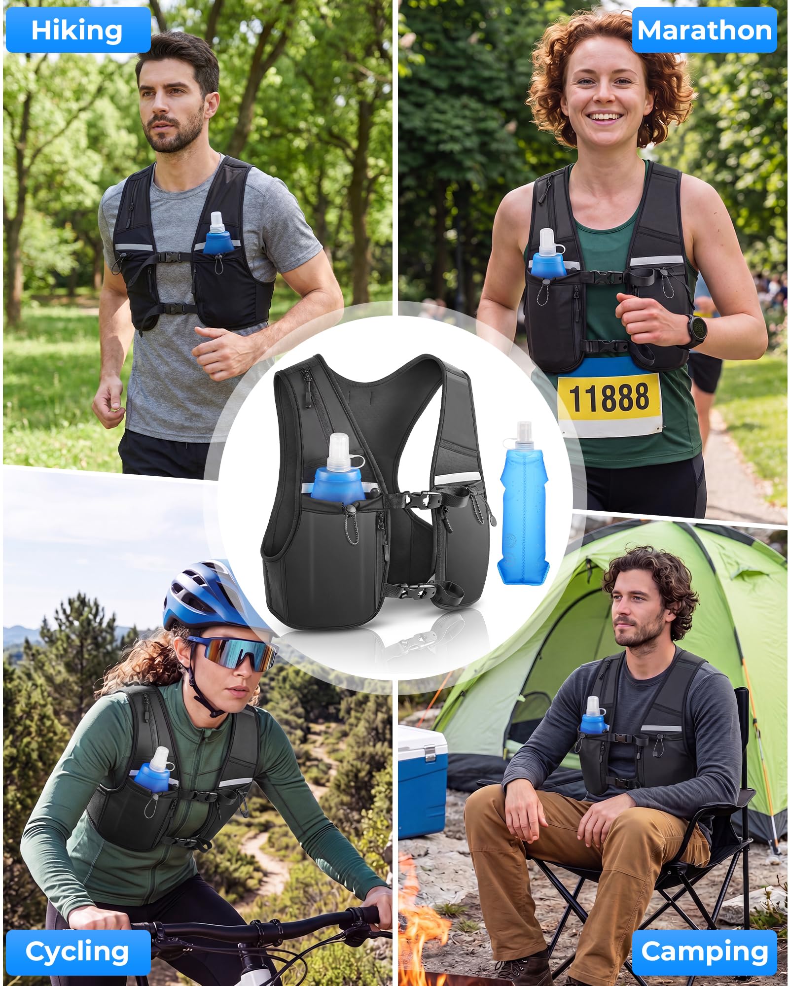 Gilet da corsa per uomo e donna, leggero, con borraccia morbida da 500 ml, cinghia toracica regolabile, zaino riflettente per corsa, ciclismo e fitness