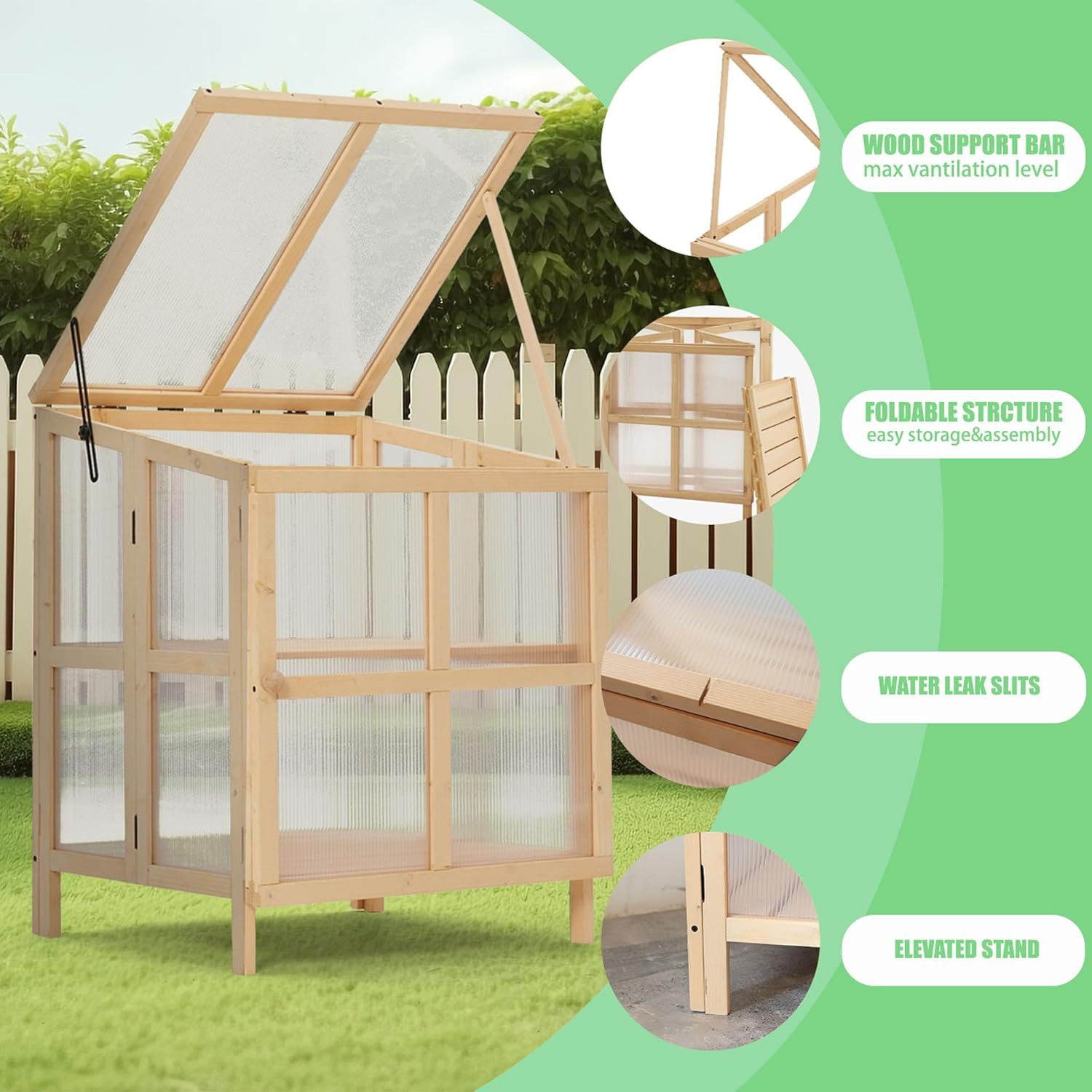 2 Tier Foldable Greenhouse Cabinet, Portable Wooden Garden Cold Frame Raised Planter Box with Shelves, Cold Frames for Gardening