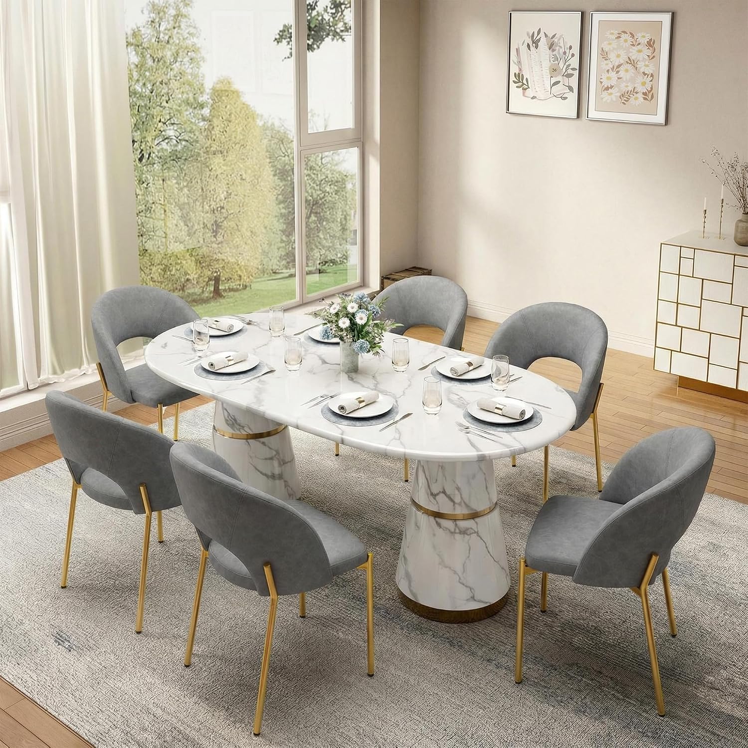 Clihome Modern Dining Chairs Set of 2, Upholstered Kitchen Chairs with Metal Legs and Curved Backrest, PU Leather Accent Chairs for Dining Living Room Kitchen, Grey