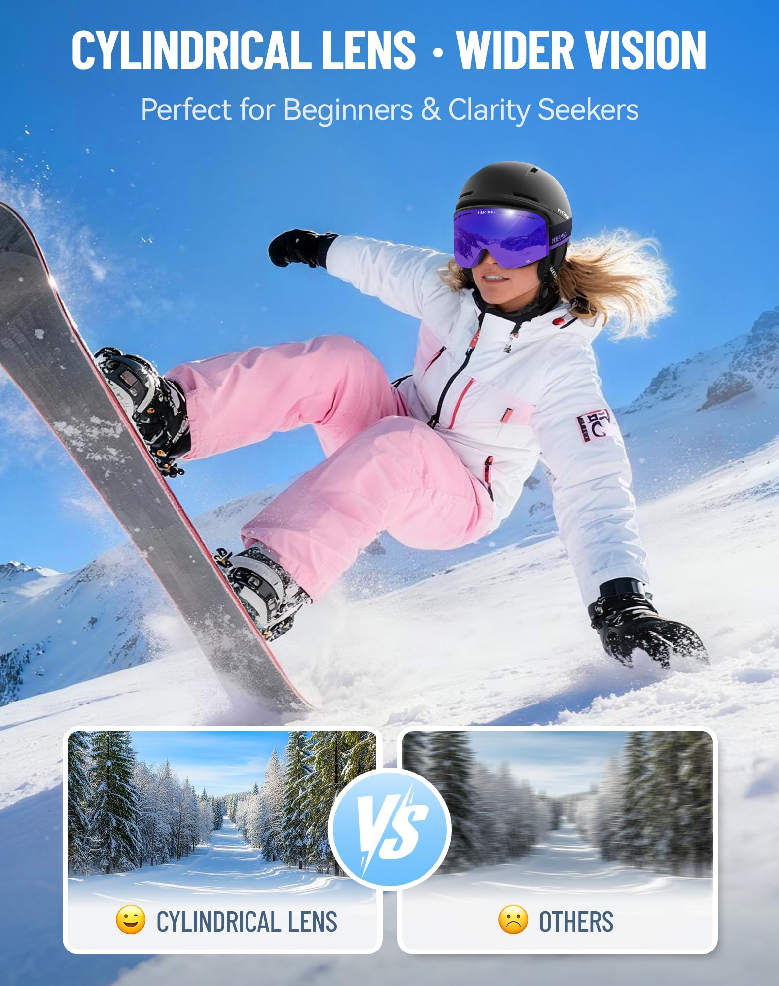 Innerking Occhiali da sci/snowboard OTG per uomini, donne e ragazzi, occhiali da neve per sport da neve, anti appannamento, protezione UV400 al 100%