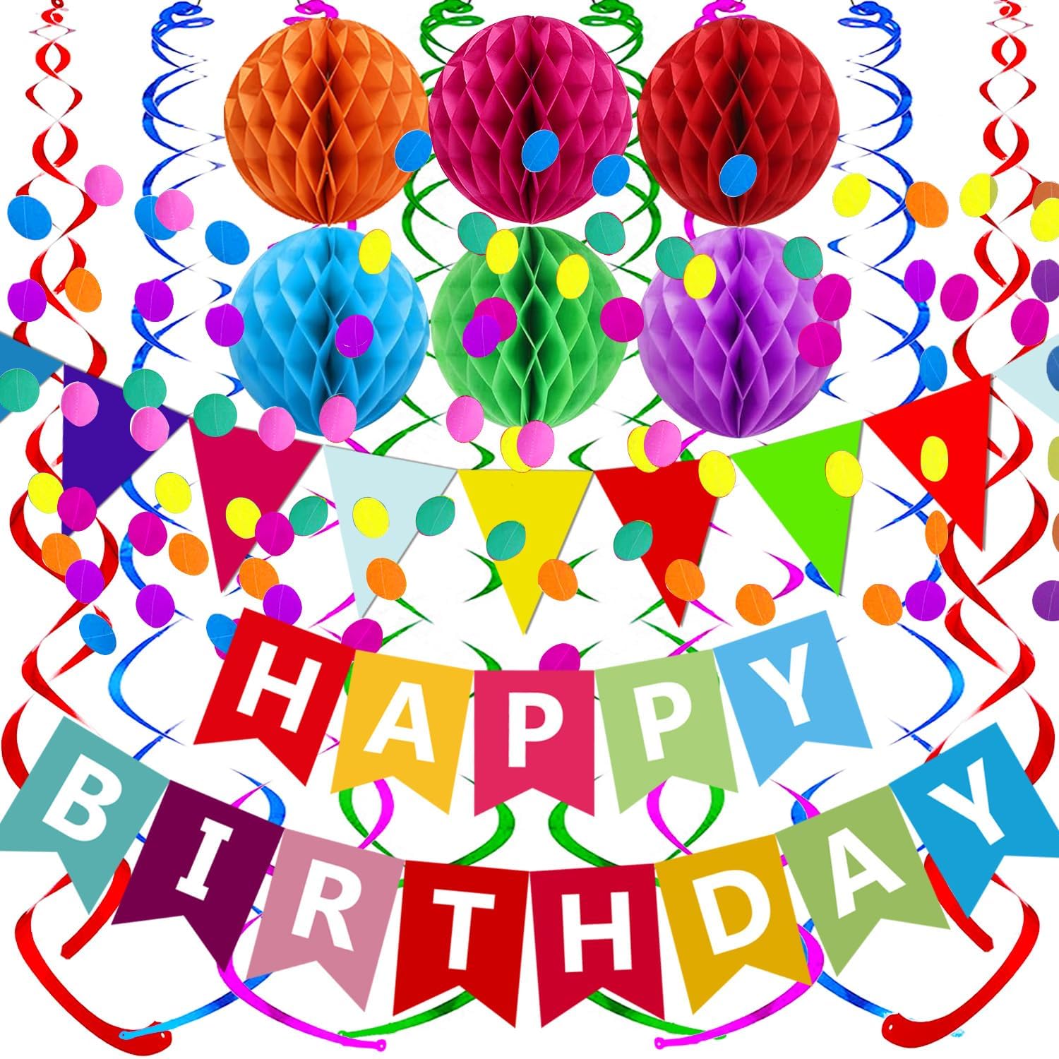 Fecedy Happy Birthday Banner With Colorful Paper Flag Bunting Paper Circle Confetti Garland Swirl Streamers Honeycomb ball for Birthday Party Decorations