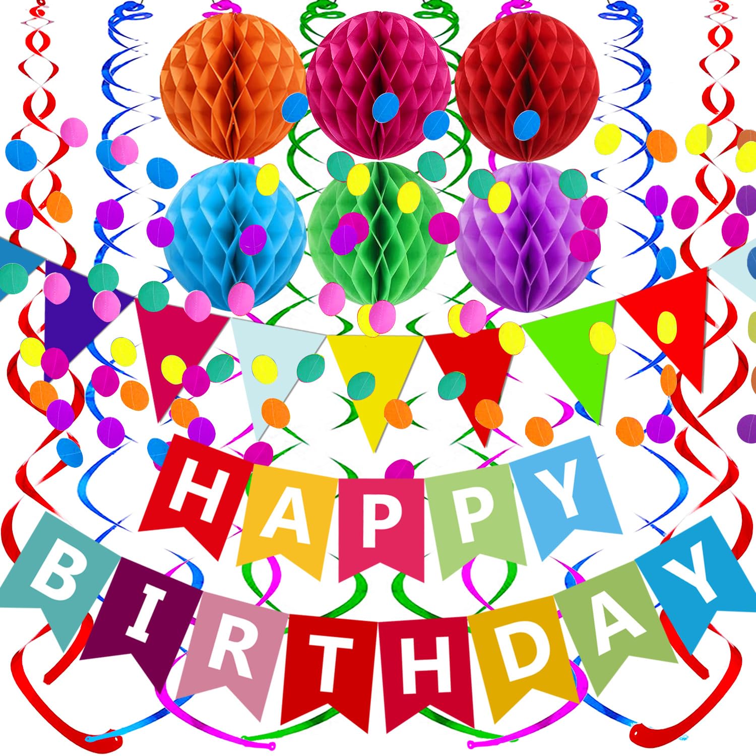 Fecedy Happy Birthday Banner with colorful paper flag bunting, confetti garland, swirl streamers, and honeycomb balls | Mubboo