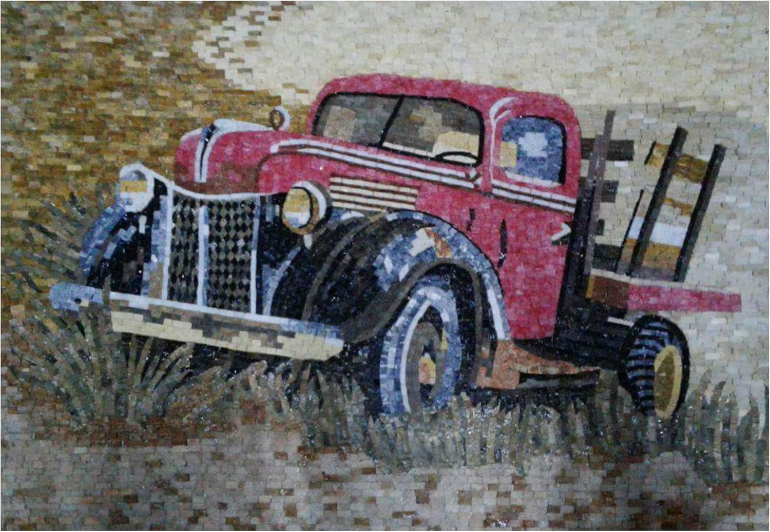 Handmade Vintage Red Truck Marble Mosaic Wall Art – Hand-Cut Natural Stone Classic Pickup Mosaic Tile mural for Interior Wall Décor