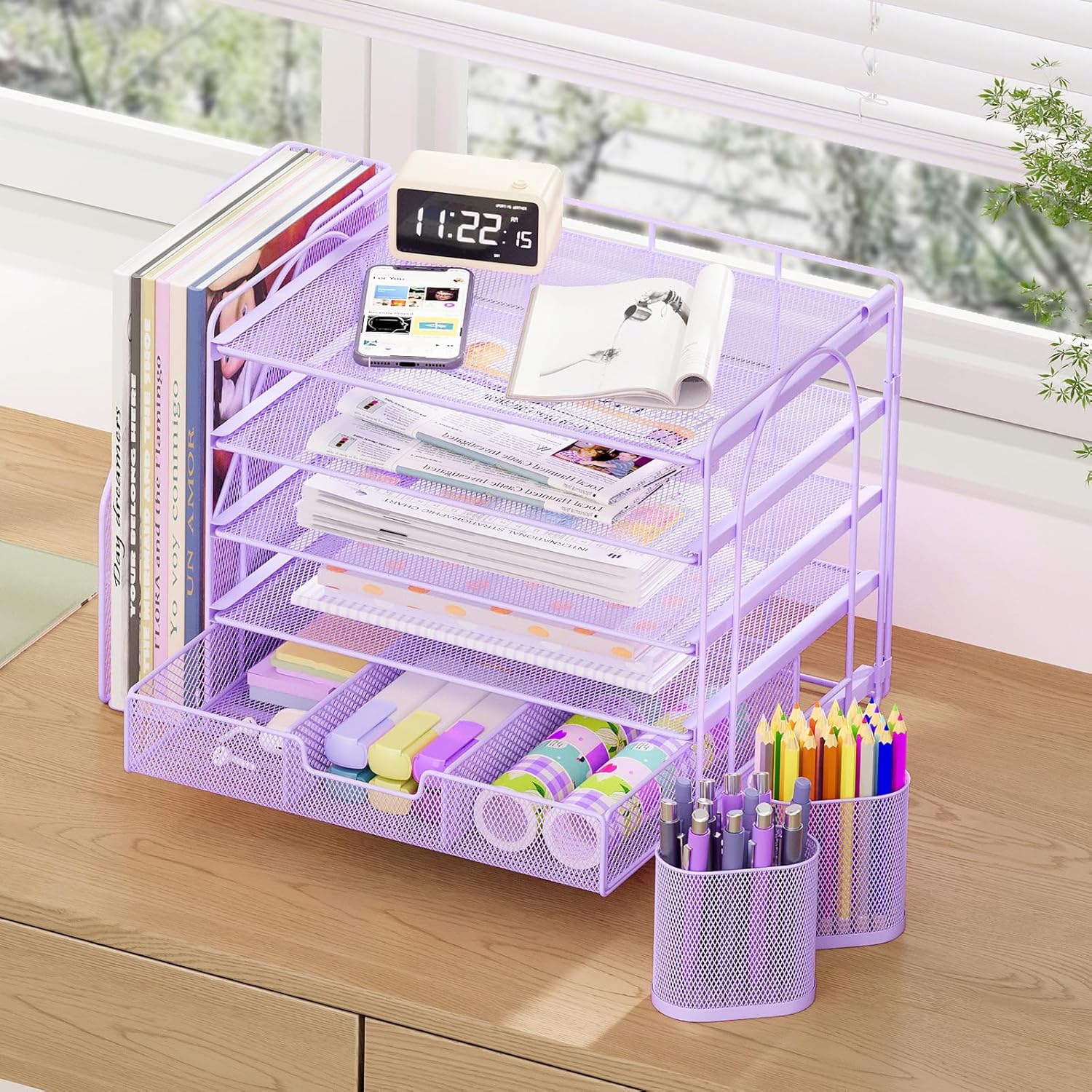OPNICE Desk Organizer, 5-Tier Paper File Organizer with Drawer & Pen Holder, Office Desk Accessories, Workspace Desktop Organizer for Office Supplies(Purple) - Image 4