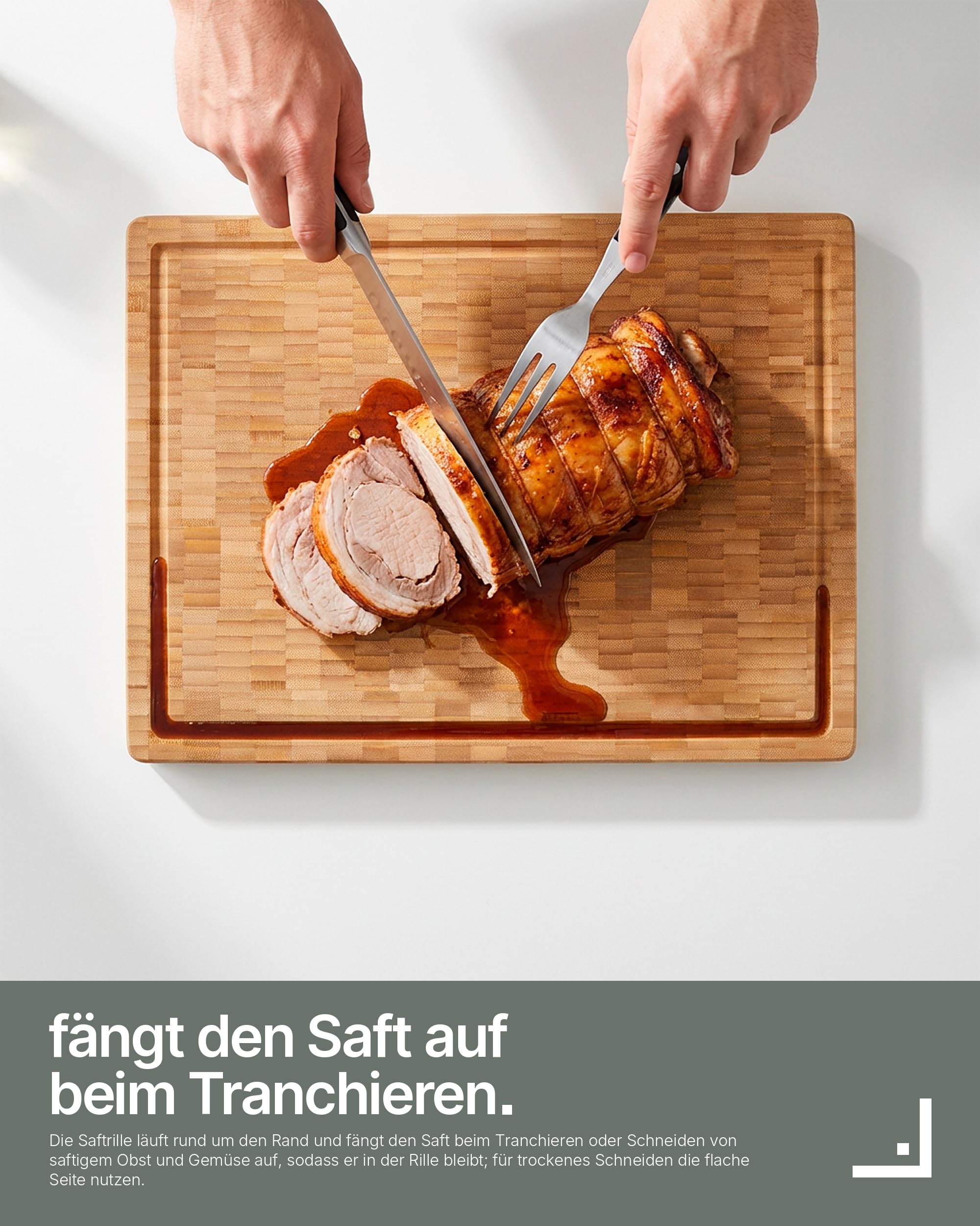 LARHN Stirnholz Hackblock Bambus massiv - 40x30x4 cm - Schneidebrett Holz | Messerschonend, Saftrille, Griff, vorgeölt, wendbar, plastikfrei, für Fleisch, Gemüse, Brot, Käse & Wurst