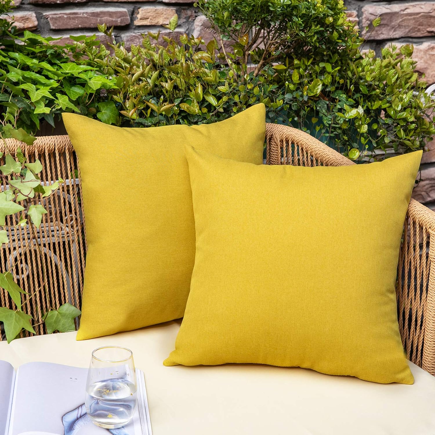 NEERYO Outdoor Waterproof Throw Pillow Covers Solid Linen Decorative Farmhouse Pillowcases for Garden Patio Tent Balcony Couch Sofa Set of 2 20" x 20" Yellow