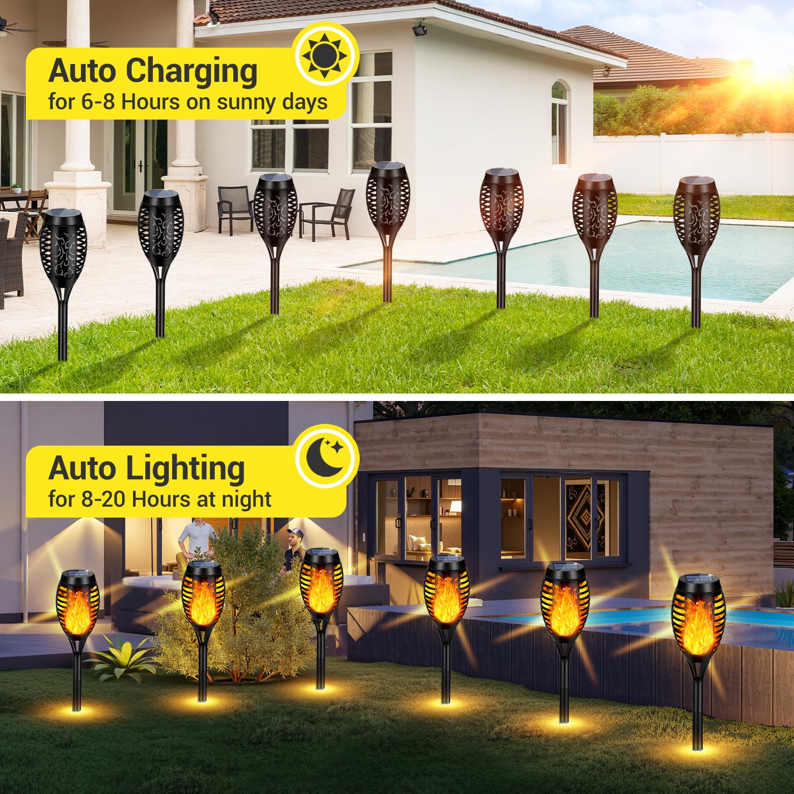 Solarleuchten für den Außenbereich, 10 Stück, Solar-Tiki-Fackeln mit flackernder Flamme, 12 LEDs, Mini-Solar-Gartenleuchten für Terrasse, Hof, Weg, Landschaftsdekorationen, Dämmerung bis