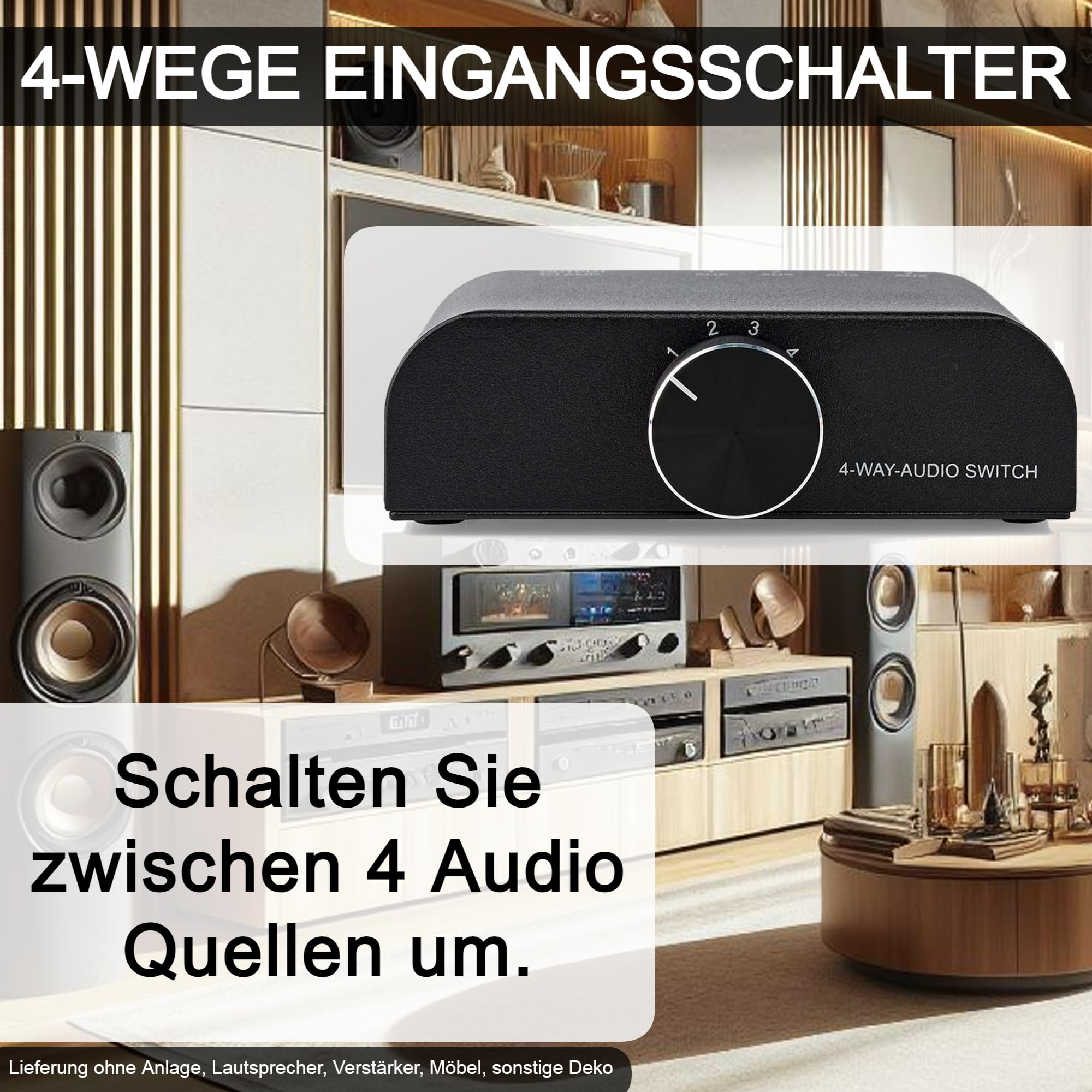 TronicXL Interruttore audio stereo analogico a 4 ingressi, jack AUX 3,5 mm + 3 x (2 x jack RC), 2 interruttori RCA di commutatore di ingresso, ingresso morbido, 1 output, 4 interruttori audio, scatole
