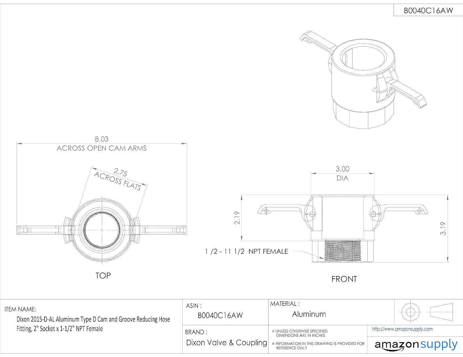 Dixon 2015-D-AL Aluminum Type D Cam and Groove Reducing Hose Fitting, 2" Socket x 1-1/2" NPT Female