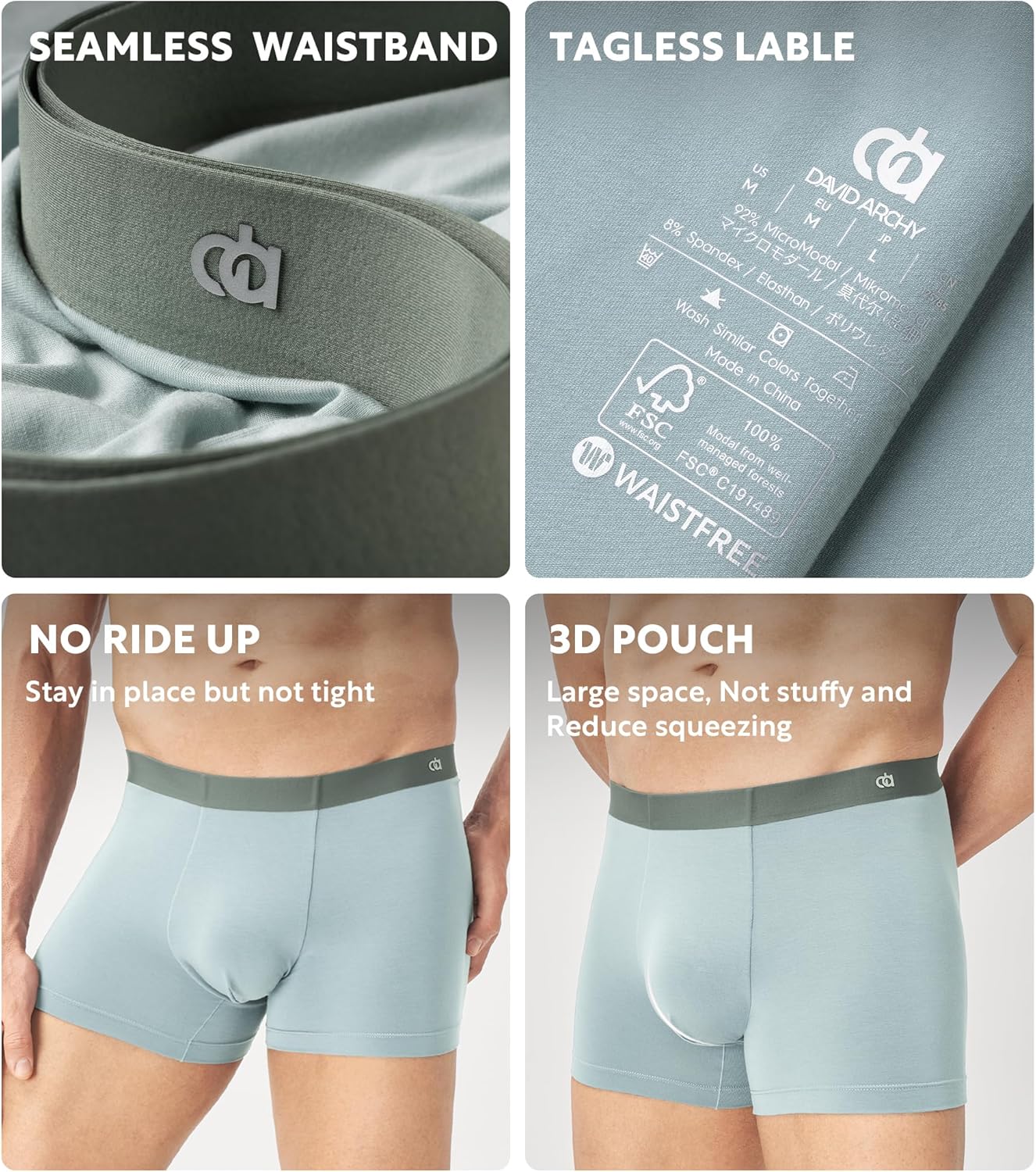 DAVID ARCHY Men's Underwear Trunks Modal Support Pouch Ultra Soft Breathable Seamless Underwear for Men 4 Pack - Image 4