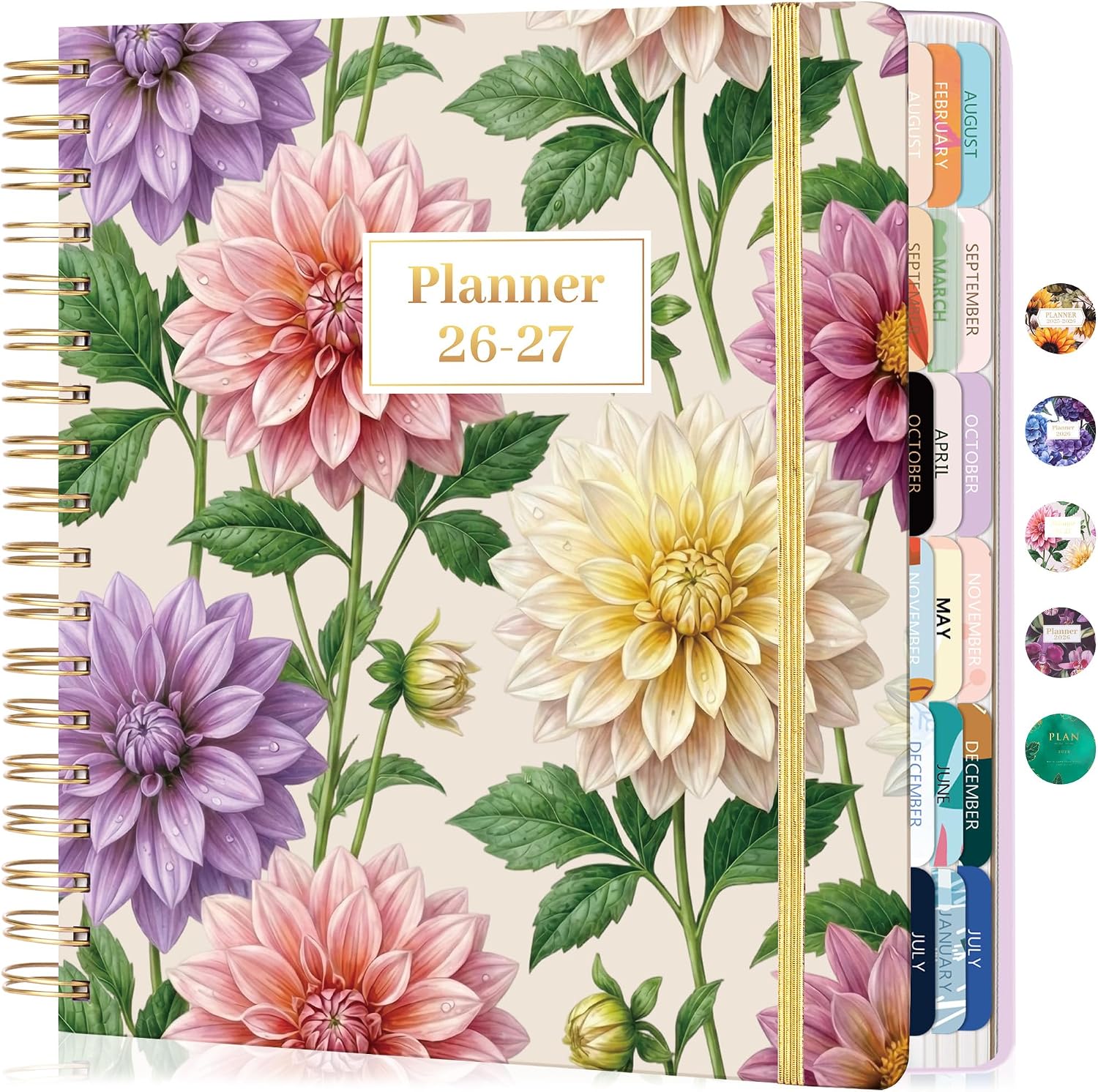 CAGIE 18 Month Planner July 2026 - December 2027, Academic Year Weekly & Monthly Planner with Tabs, 8.3 x 9.3 Floral Hardcover Organizer with 100GSM Thick Paper and Elastic Band for Women School Office