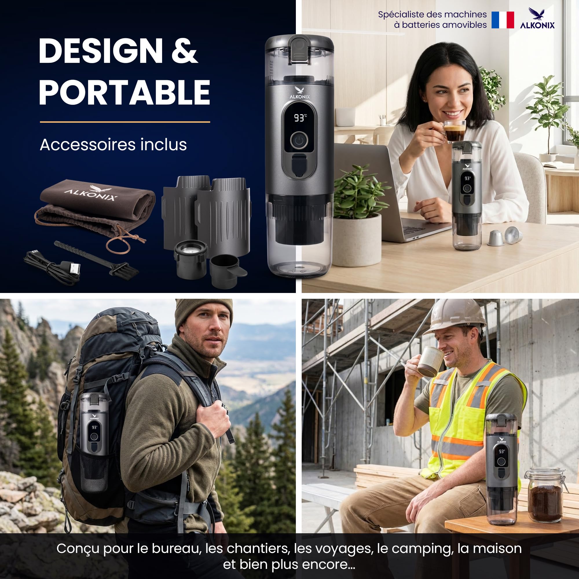 Machine à Café Portable USB-C – Cafetière Nomade Espresso Rechargeable avec 2 Batteries Amovibles – Compatible Capsules Standards & Café Moulu – Chauffe Intégrée (Gris)