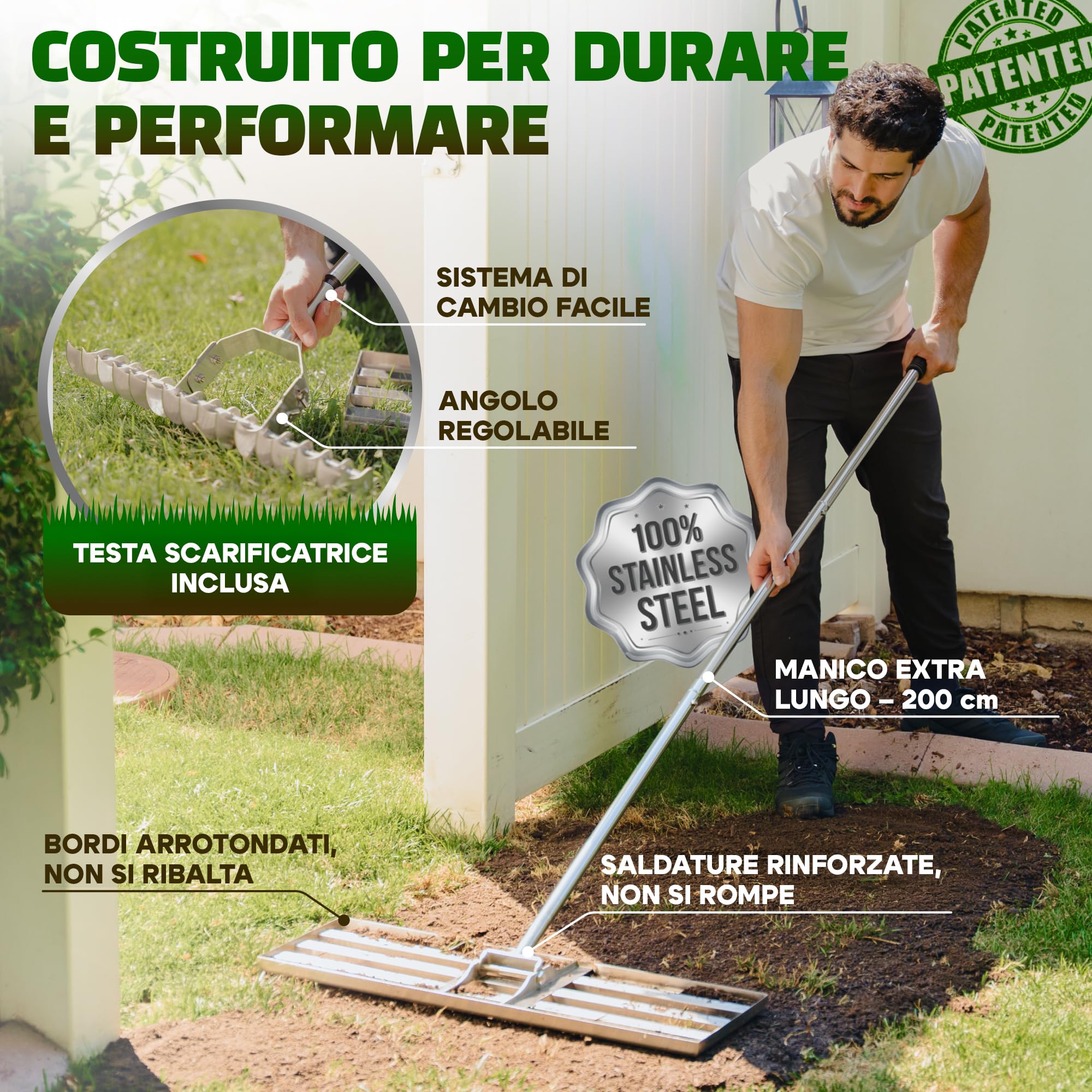 Rastrello Livellatore per Prato 80x30cm + Arieggiatore Prato | 100% acciaio inossidabile - Arieggiatore per prato sarchiatore per erbacce scarificatore per prato togli erbacce livellatore