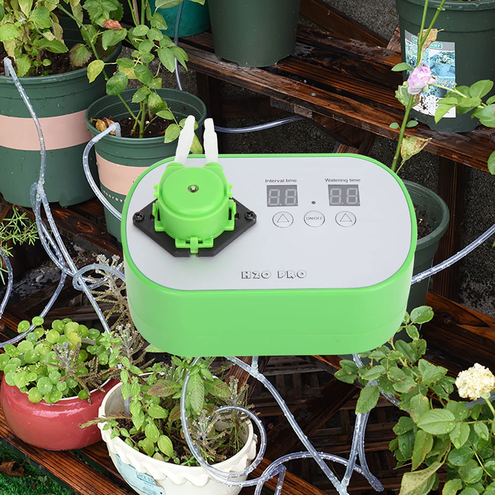Hyuduo di Irrigazione Automatico Kit di Irrigazione a Goccia Intelligente Pompa dell'acqua Peristaltica 12V 100 Ml Impostazioni Timer Minimo da 1 a 15 Giorni per Piante da Interno Serra Balcone